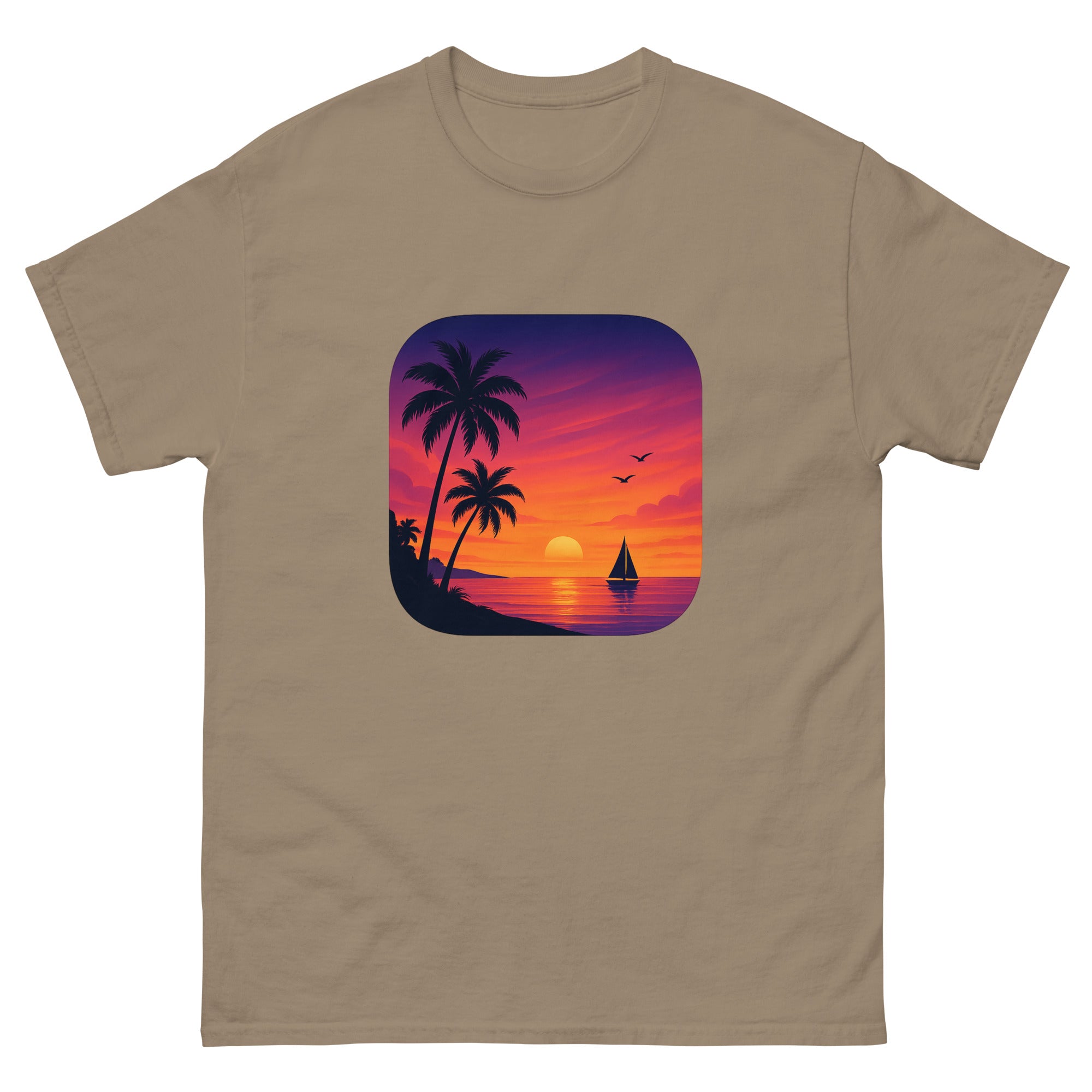 Sunset Palms Panorama Hawaiian t-shirt design on a Brown Savana unisex tee