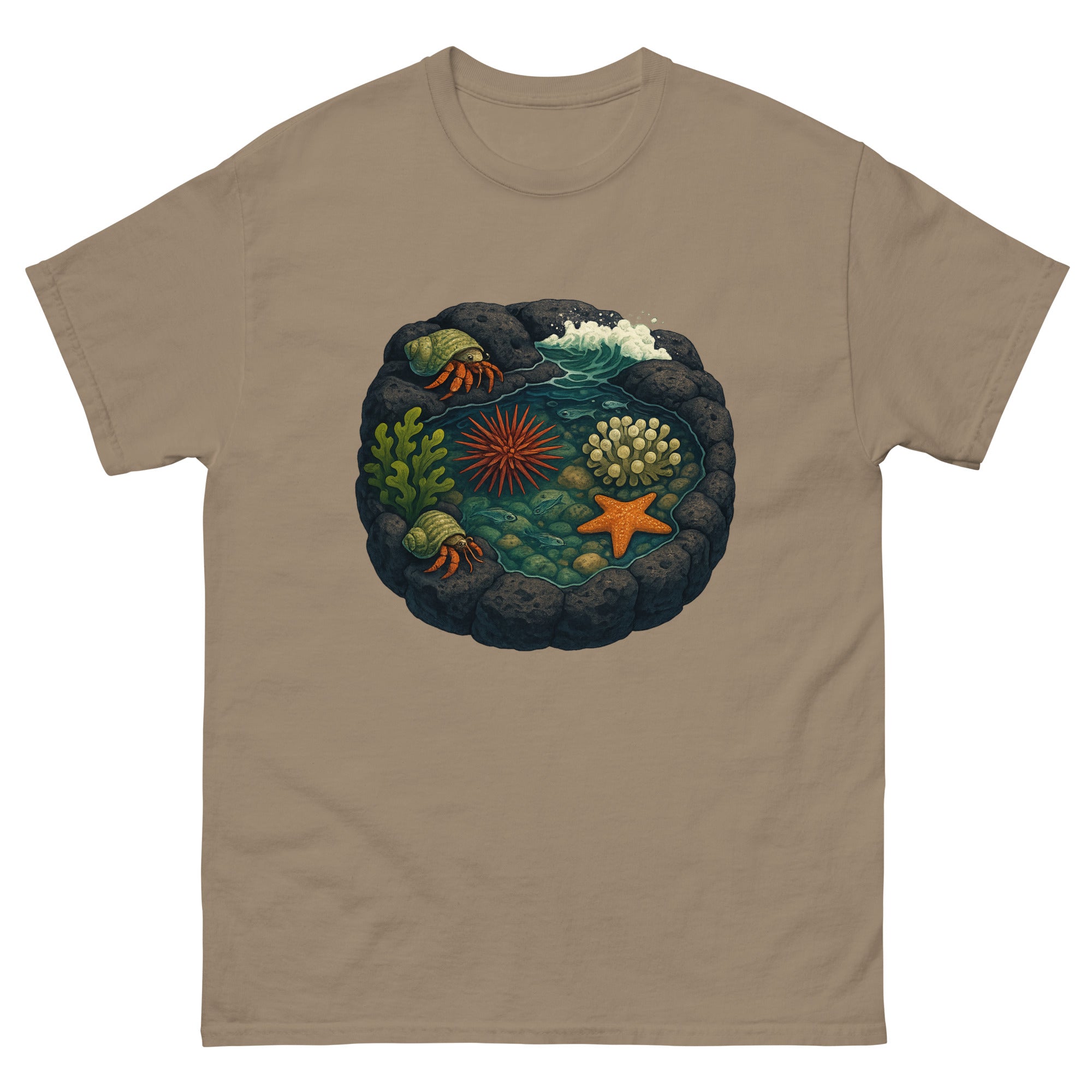 Tide Pools Hawaiian t-shirt design on a Brown Savana unisex tee