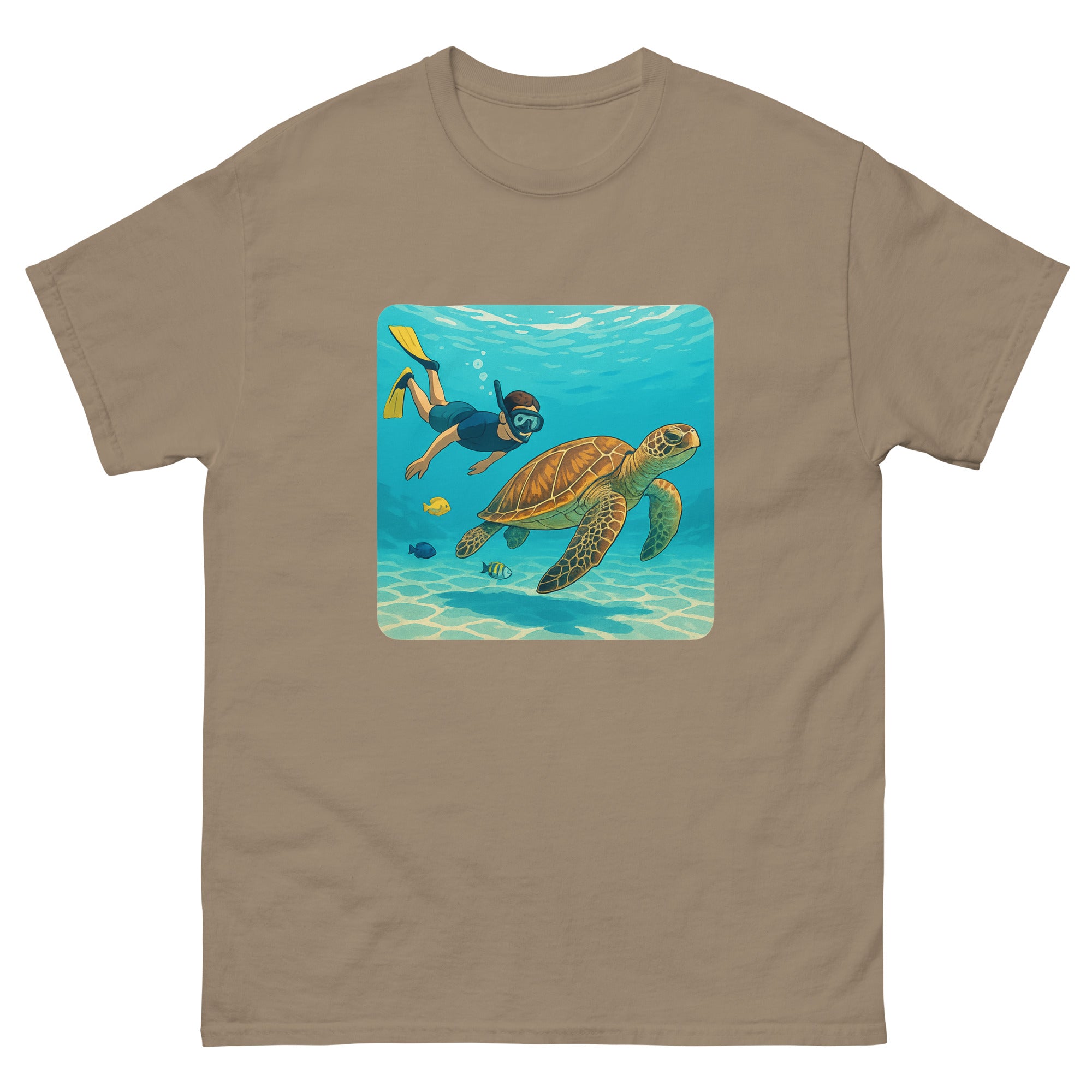 Snorkeler And Turtle Hawaiian t-shirt design on a Brown Savana unisex tee