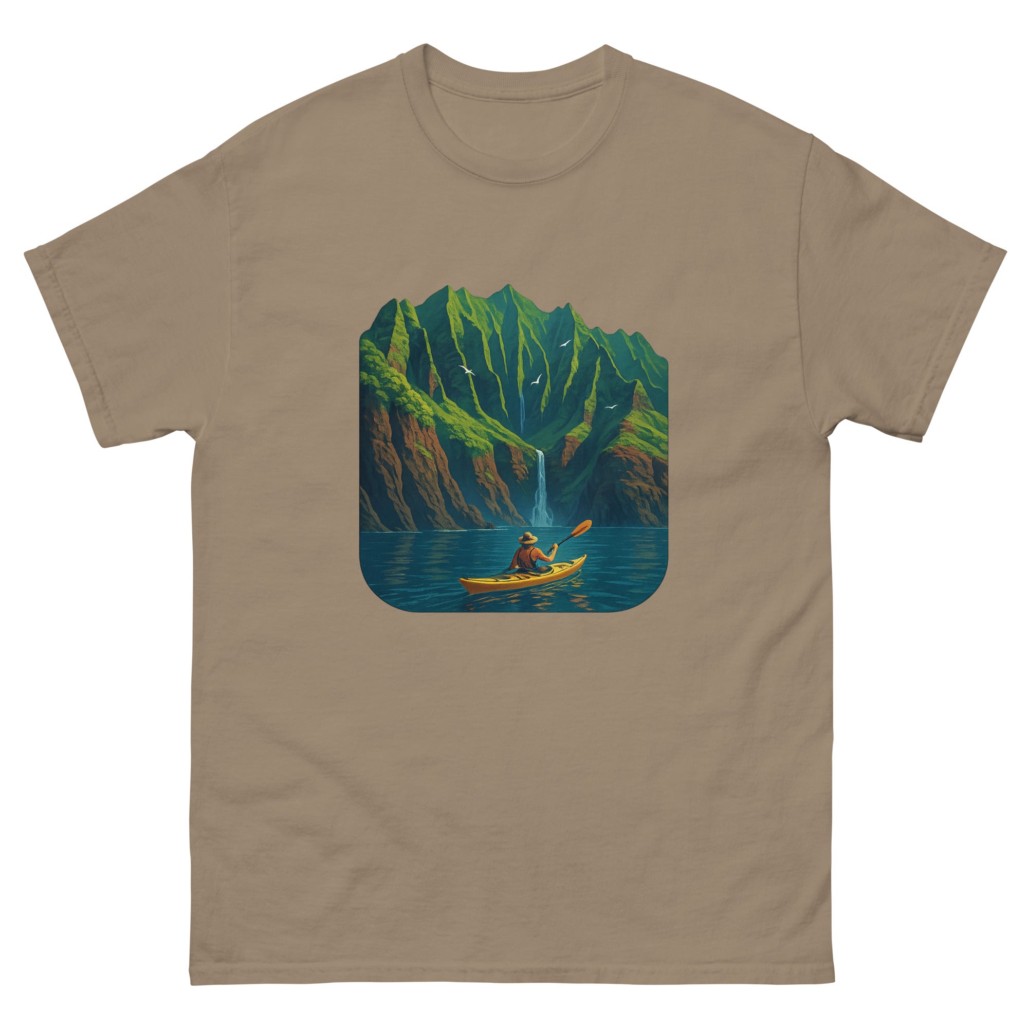Kayaking The Coast Hawaiian t-shirt design on a Brown Savana unisex tee
