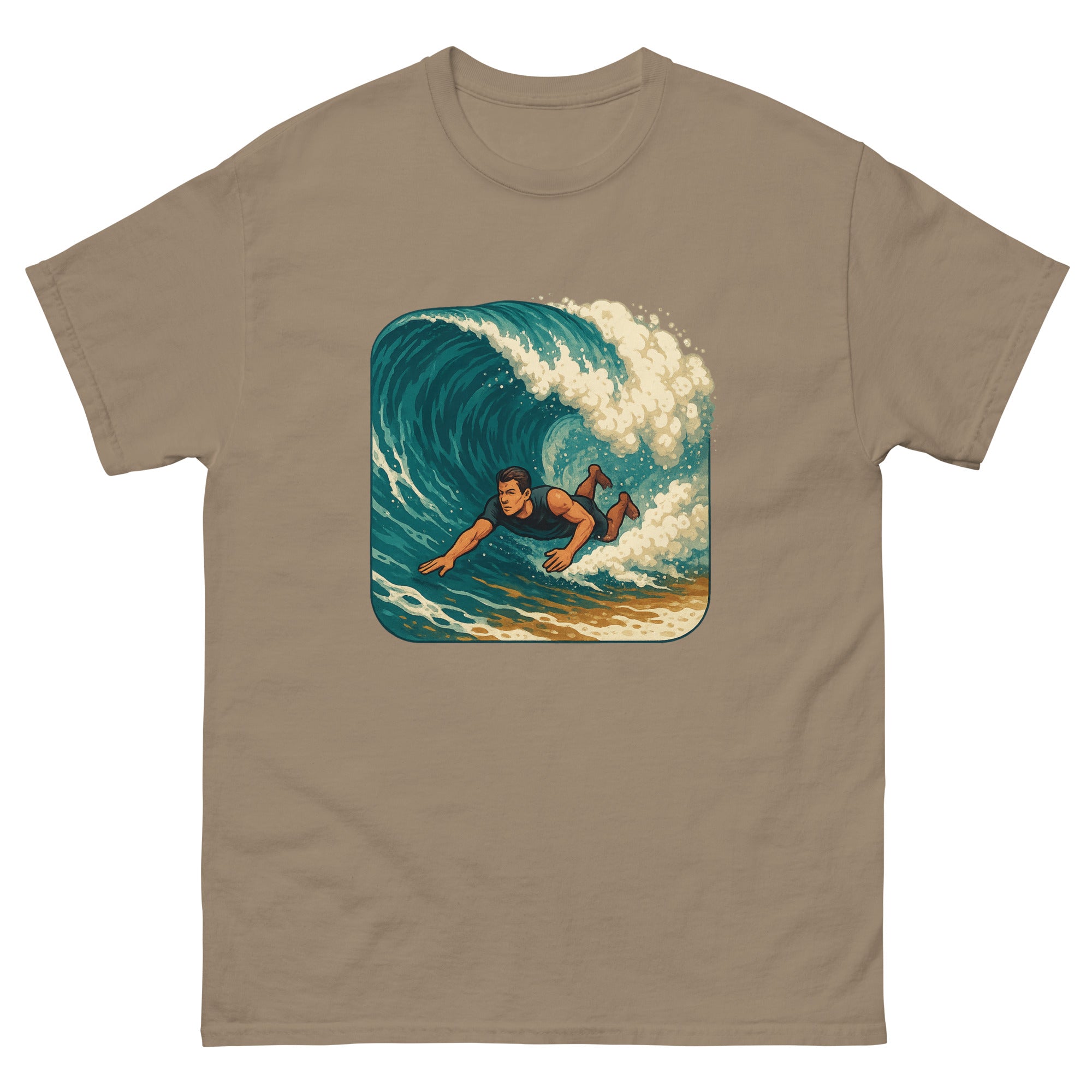 Bodysurf Shorebreak Hawaiian t-shirt design on a Brown Savana unisex tee