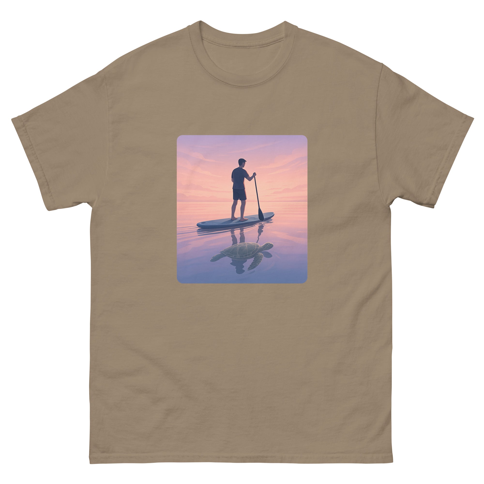 Sup At Dawn Hawaiian t-shirt design on a Brown Savana unisex tee