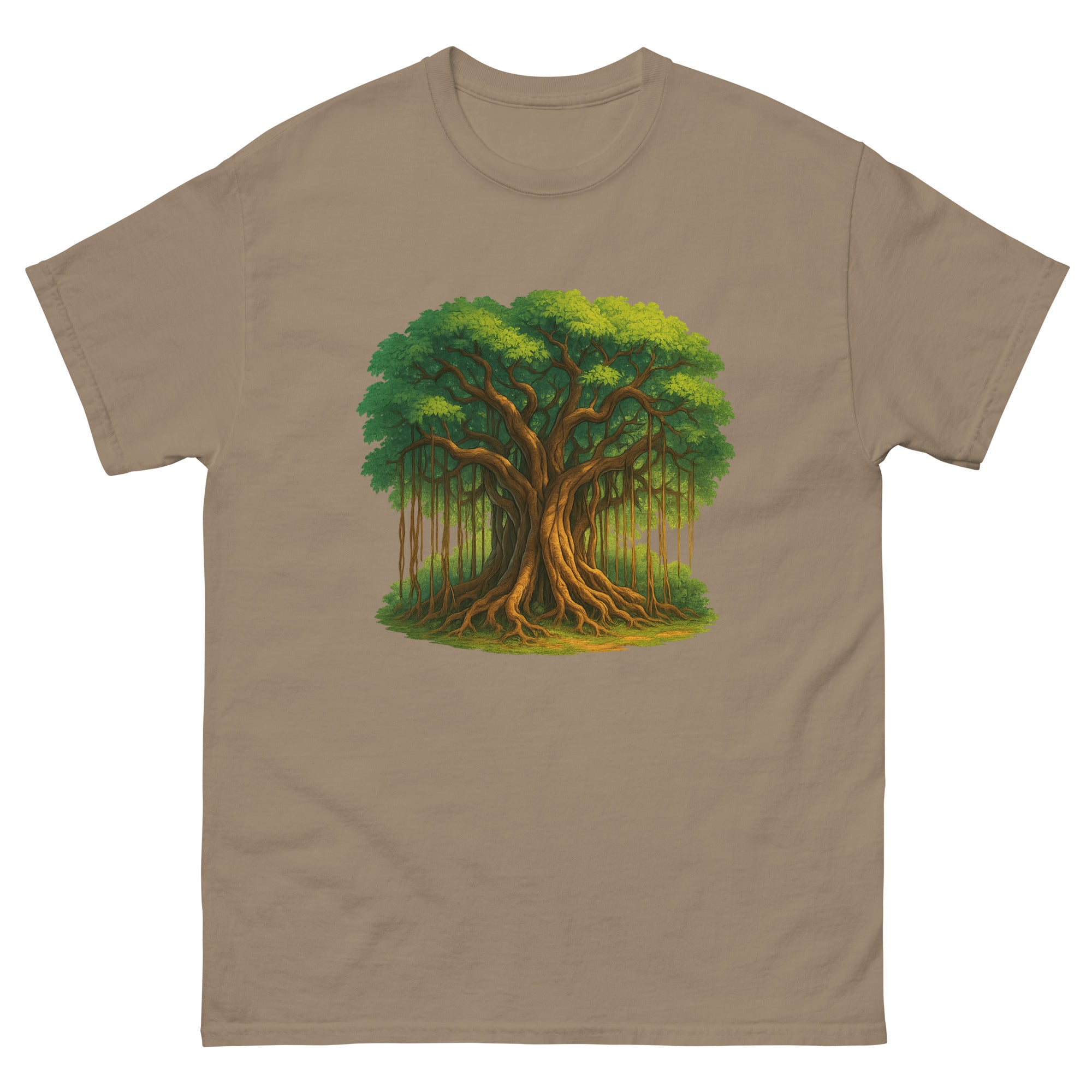 Banyan Tree Hawaiian t-shirt design on a Brown Savana unisex tee