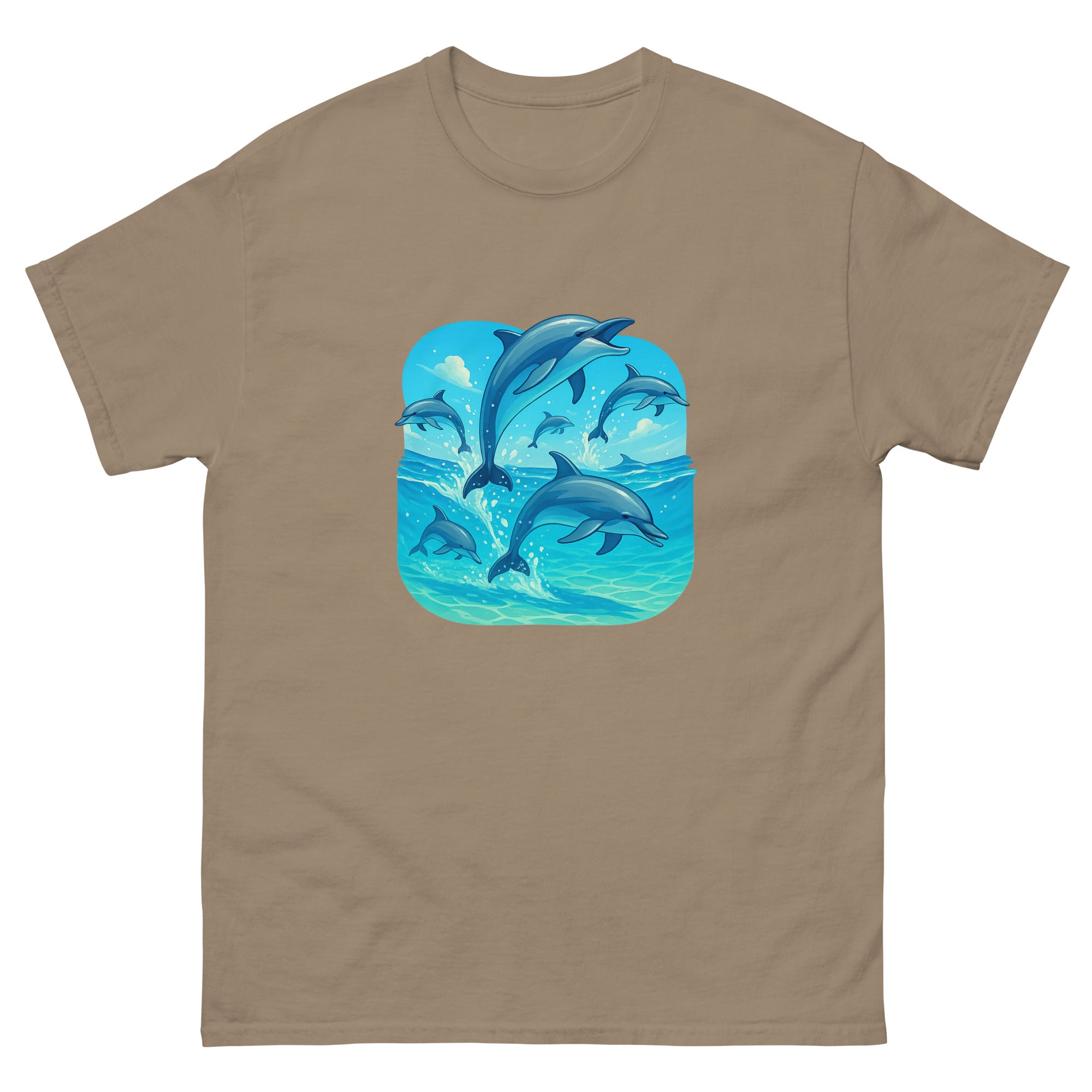 Spinner Dolphin Pod Hawaiian t-shirt design on a Brown Savana unisex tee