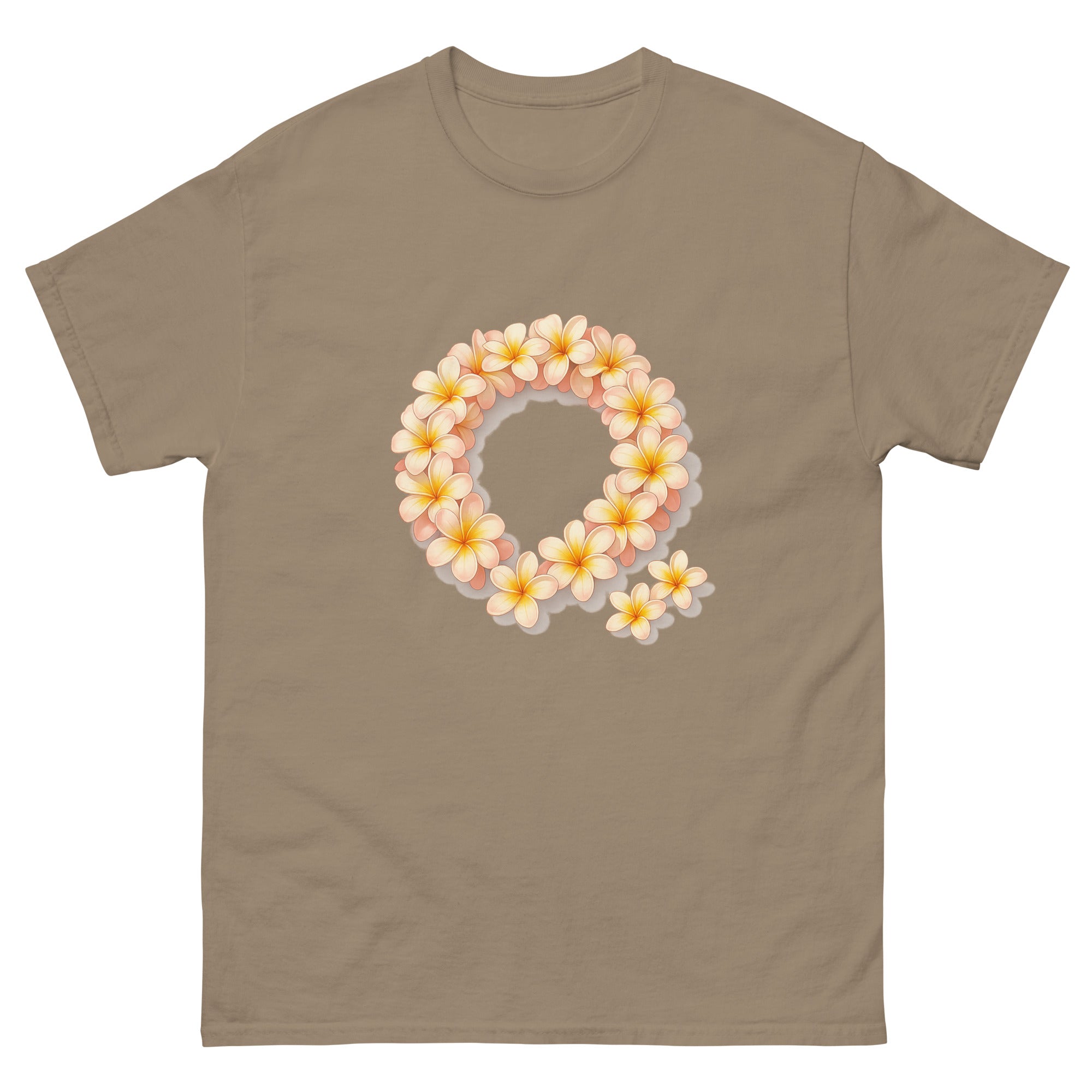 Plumeria Lei Hawaiian t-shirt design on a Brown Savana unisex tee