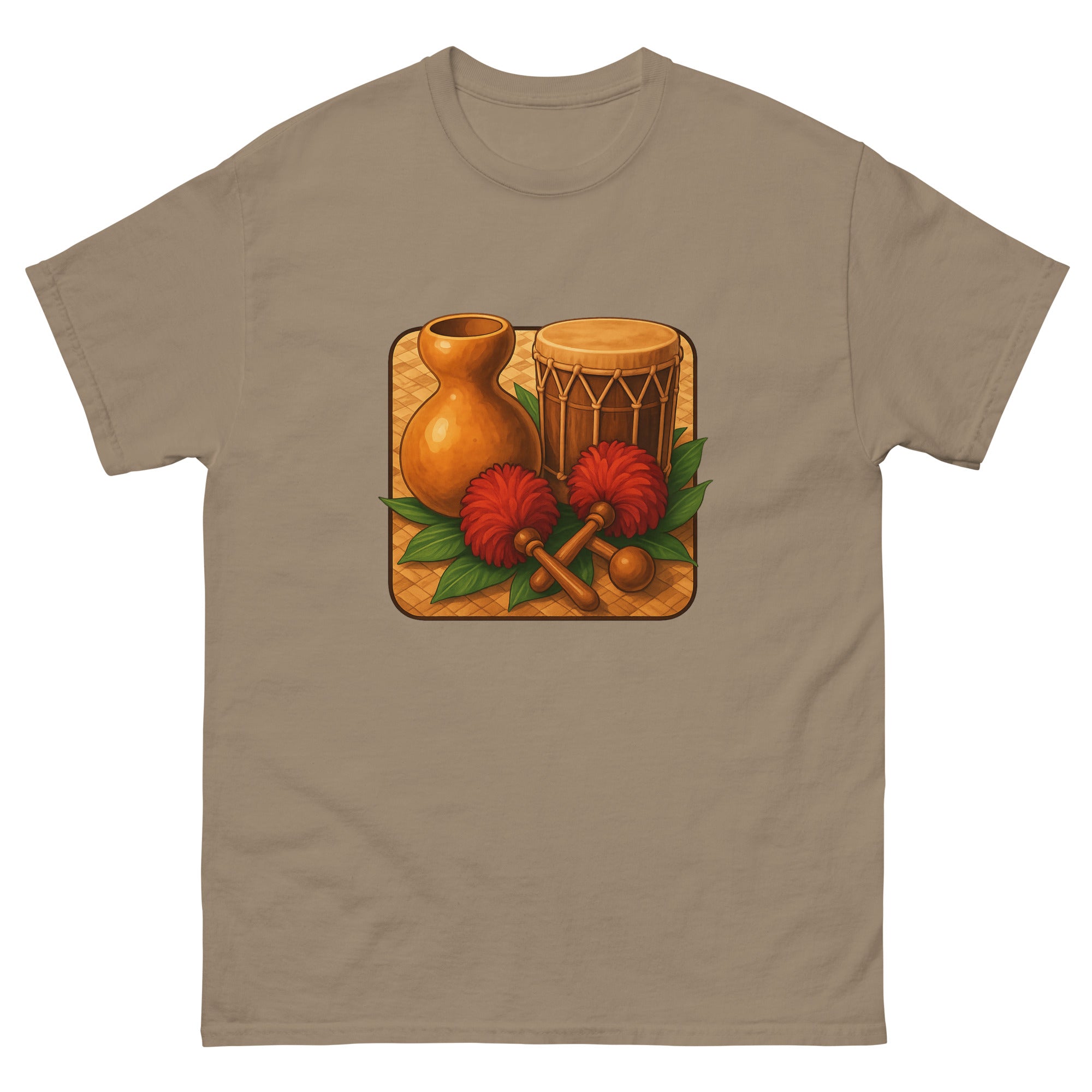 Hula Instruments Hawaiian t-shirt design on a Brown Savana unisex tee