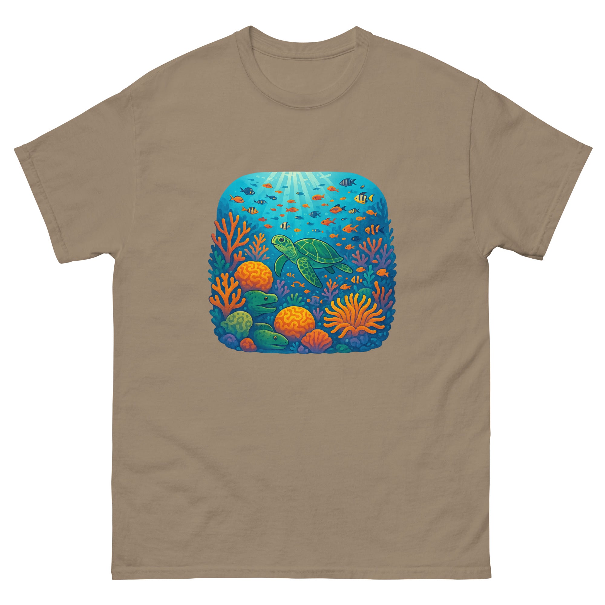 Coral Reef Garden Hawaiian t-shirt design on a Brown Savana unisex tee