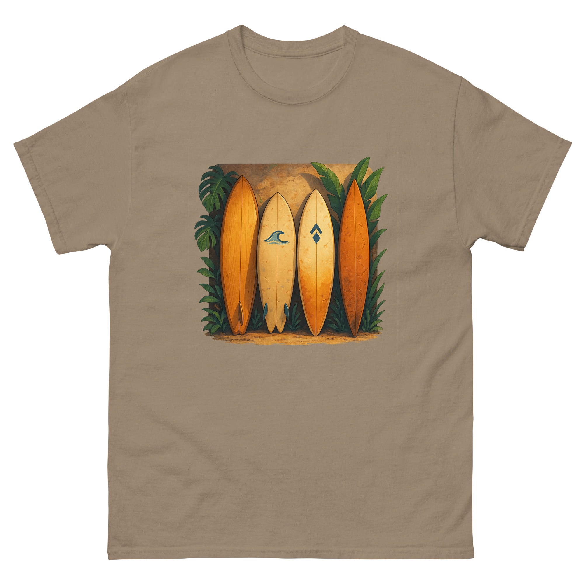 Surfboard Quiver Hawaiian t-shirt design on a Brown Savana unisex tee