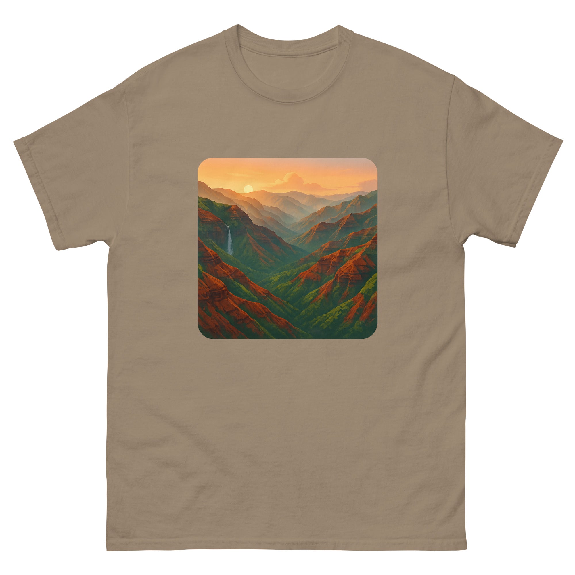 Waimea Canyon Sunrise Hawaiian t-shirt design on a Brown Savana unisex tee