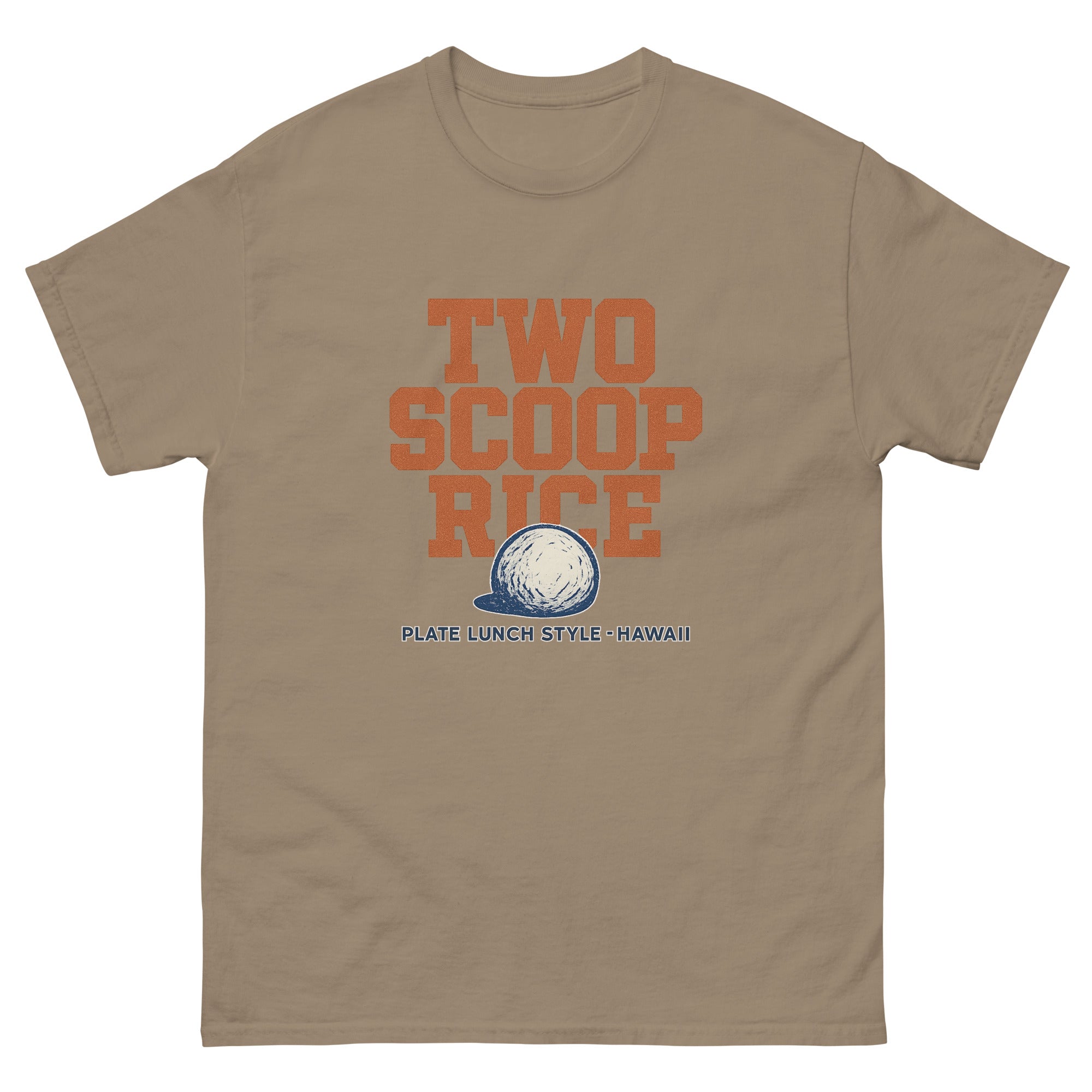 Two Scoop Rice Hawaiian t-shirt design on a Brown Savana unisex tee