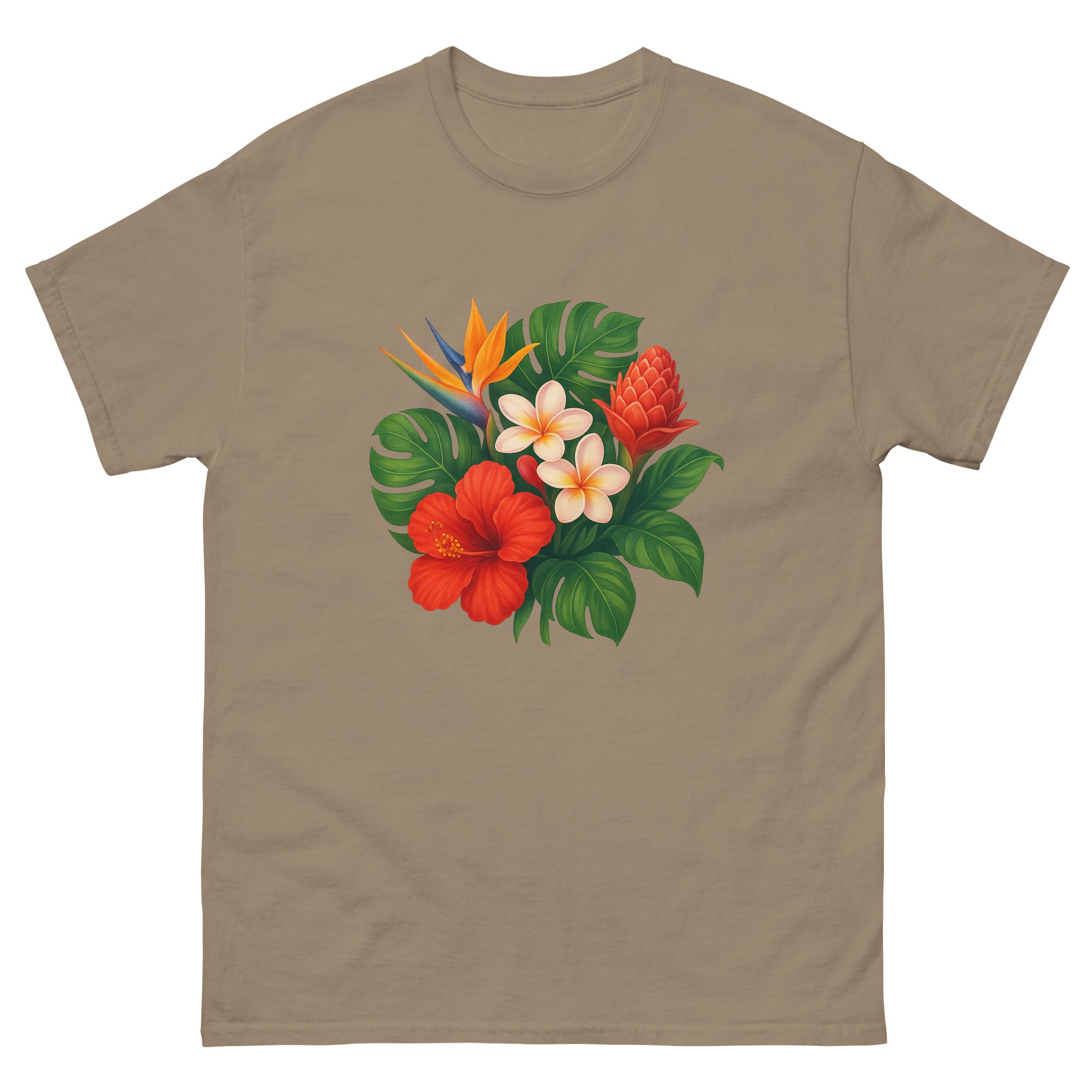 Tropical Flora Bouquet Hawaiian t-shirt design on a Brown Savana unisex tee