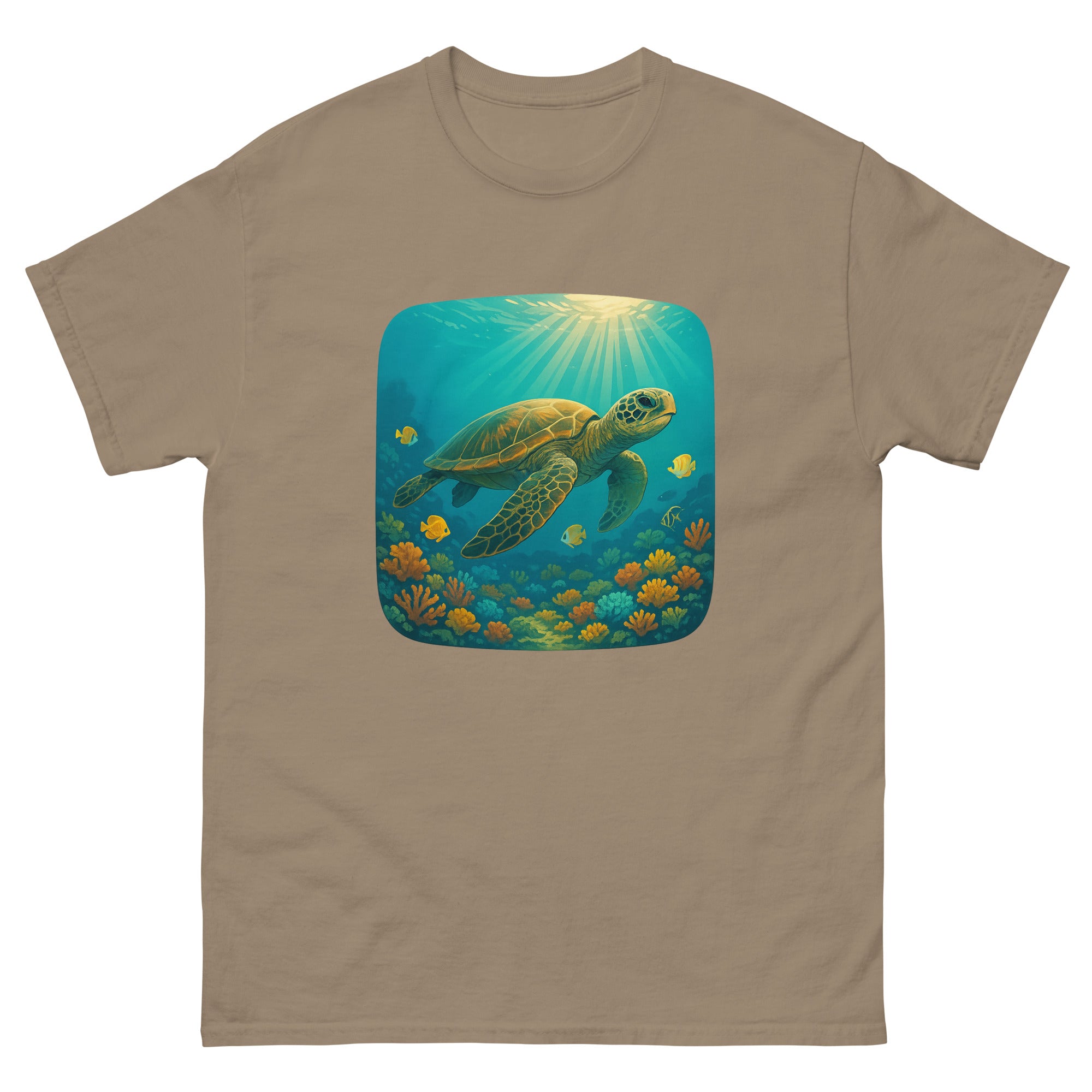 Honu Reef Scene Hawaiian t-shirt design on a Brown Savana unisex tee