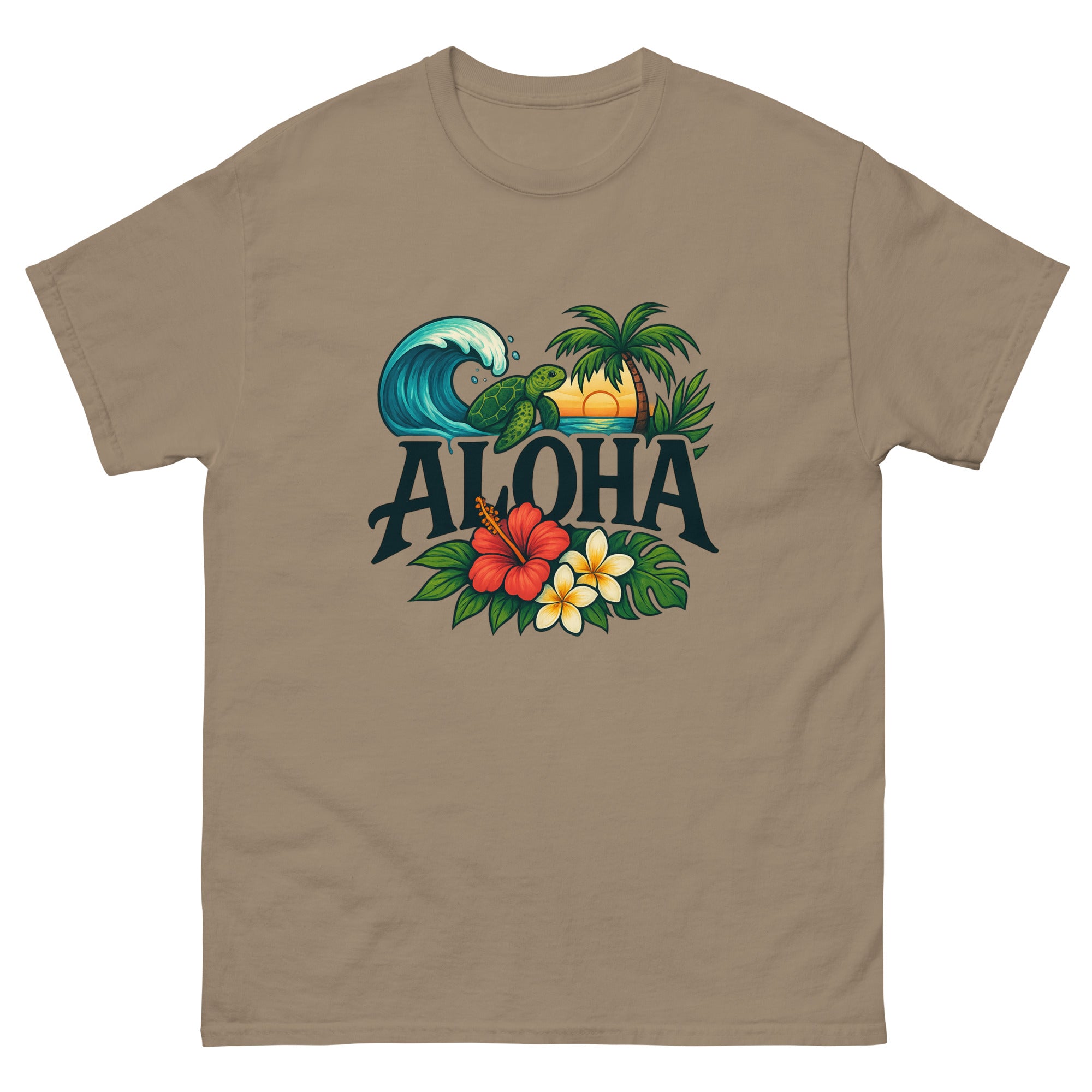 Aloha Illustrated Type Hawaiian t-shirt design on a Brown Savana unisex tee
