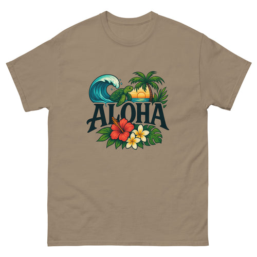 Aloha Illustrated Type Hawaiian t-shirt design on a Brown Savana unisex tee