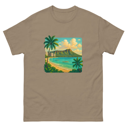 Diamond Head Vista Hawaiian t-shirt design on a Brown Savana unisex tee