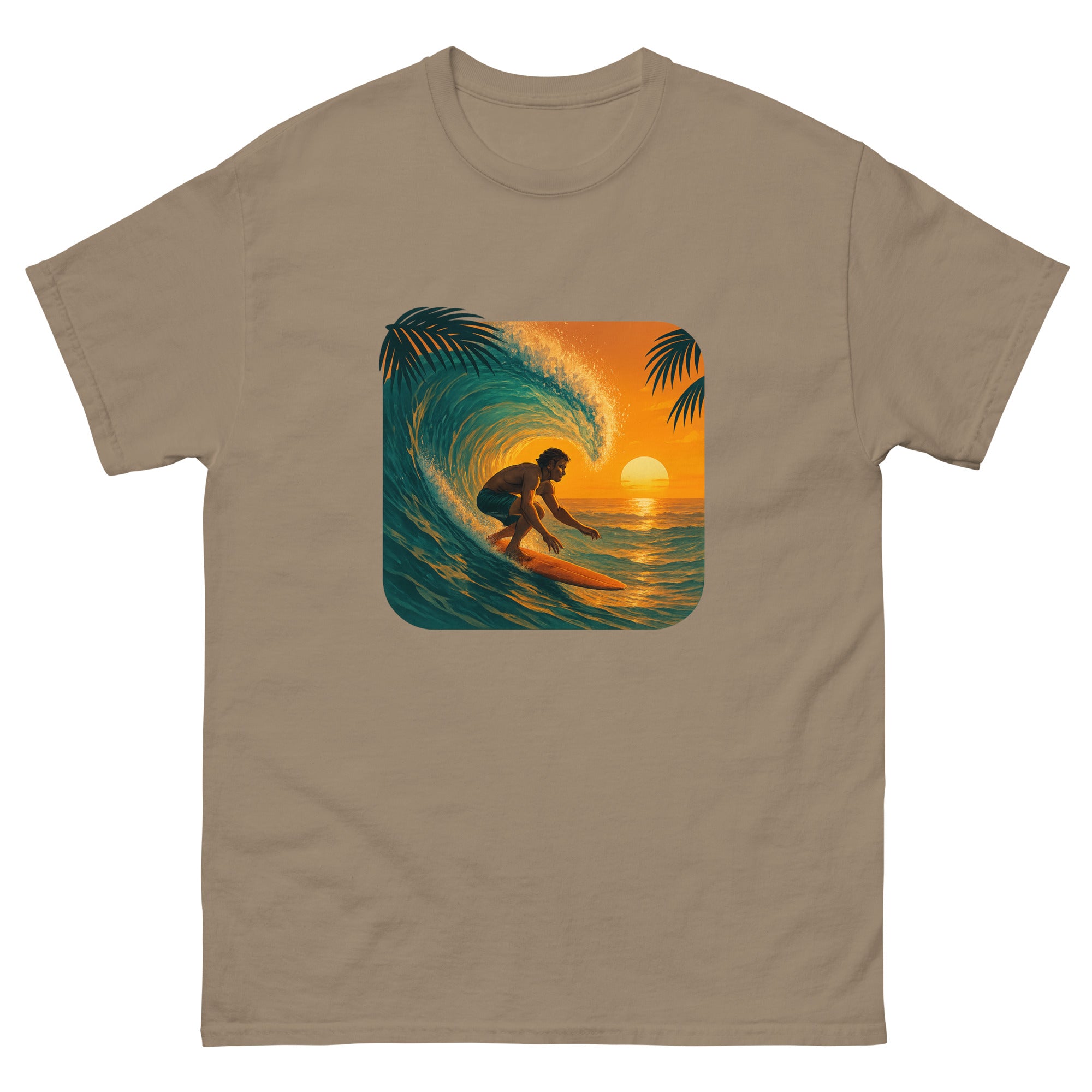 Golden Hour Surf Hawaiian t-shirt design on a Brown Savana unisex tee