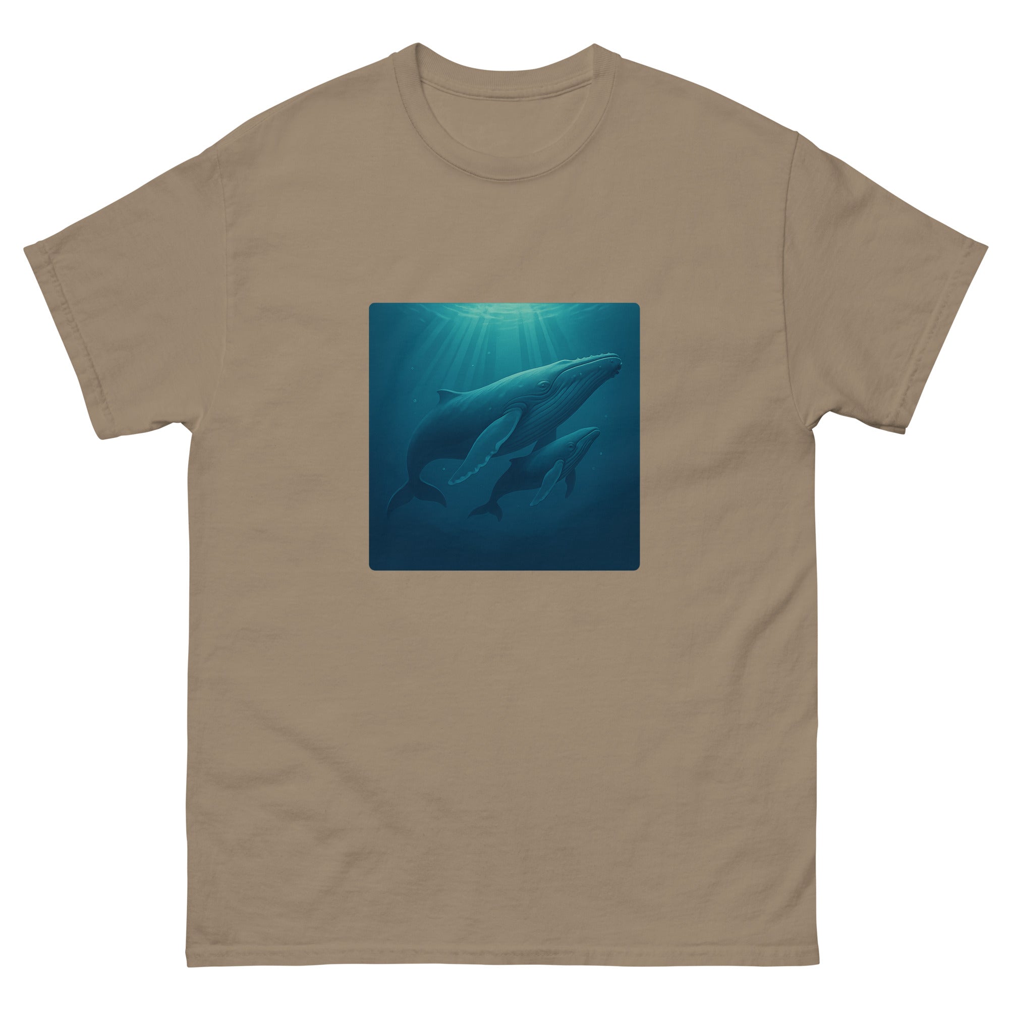Humpback And Calf Hawaiian t-shirt design on a Brown Savana unisex tee