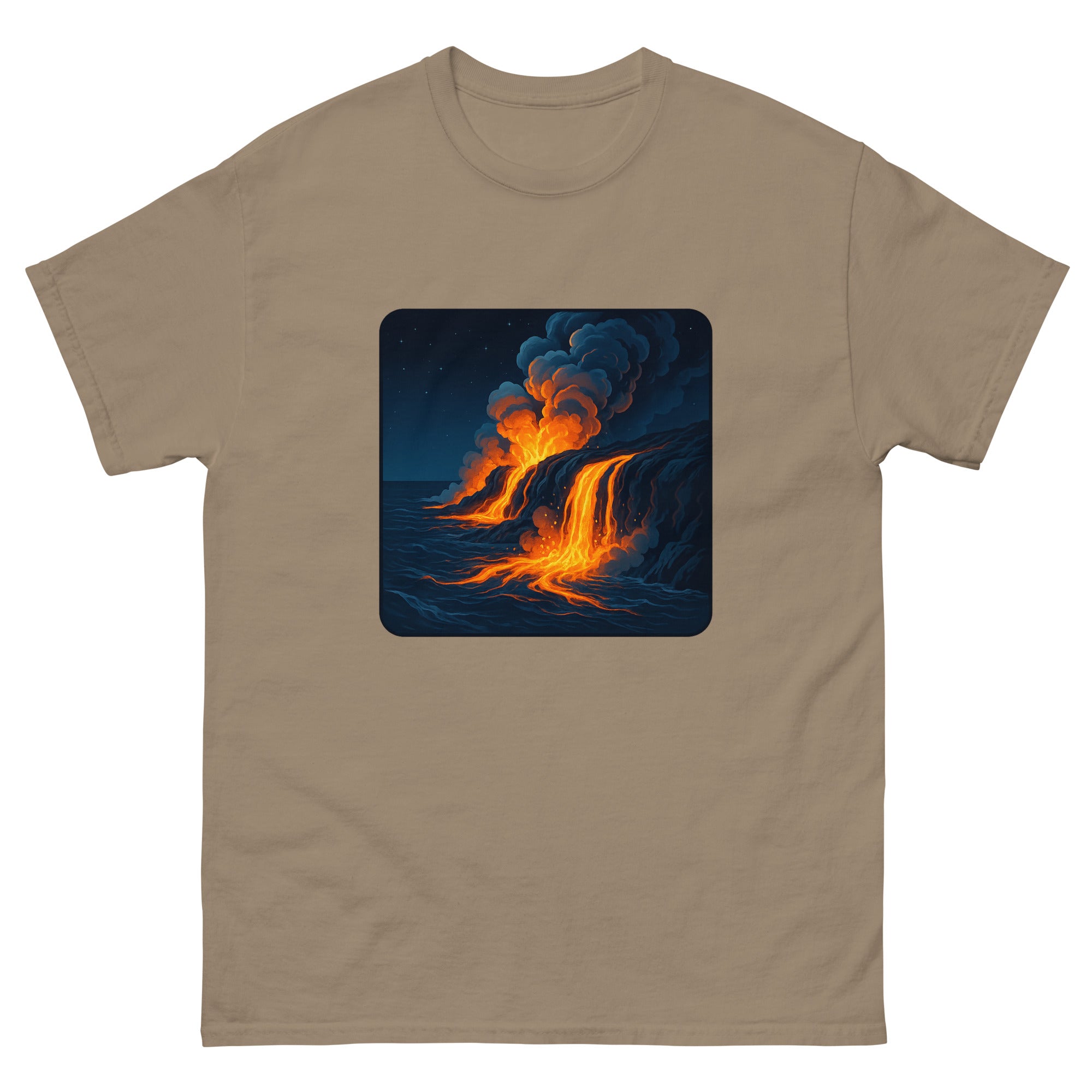 Volcano Glow Hawaiian t-shirt design on a Brown Savana unisex tee