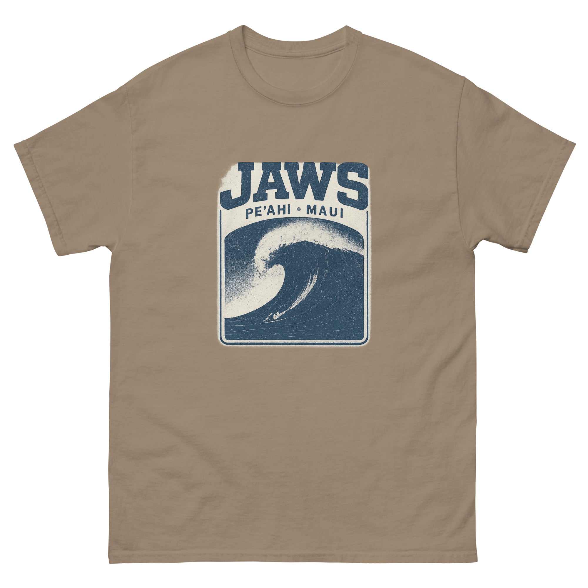 Jaws Peahi Hawaiian t-shirt design on a Brown Savana unisex tee