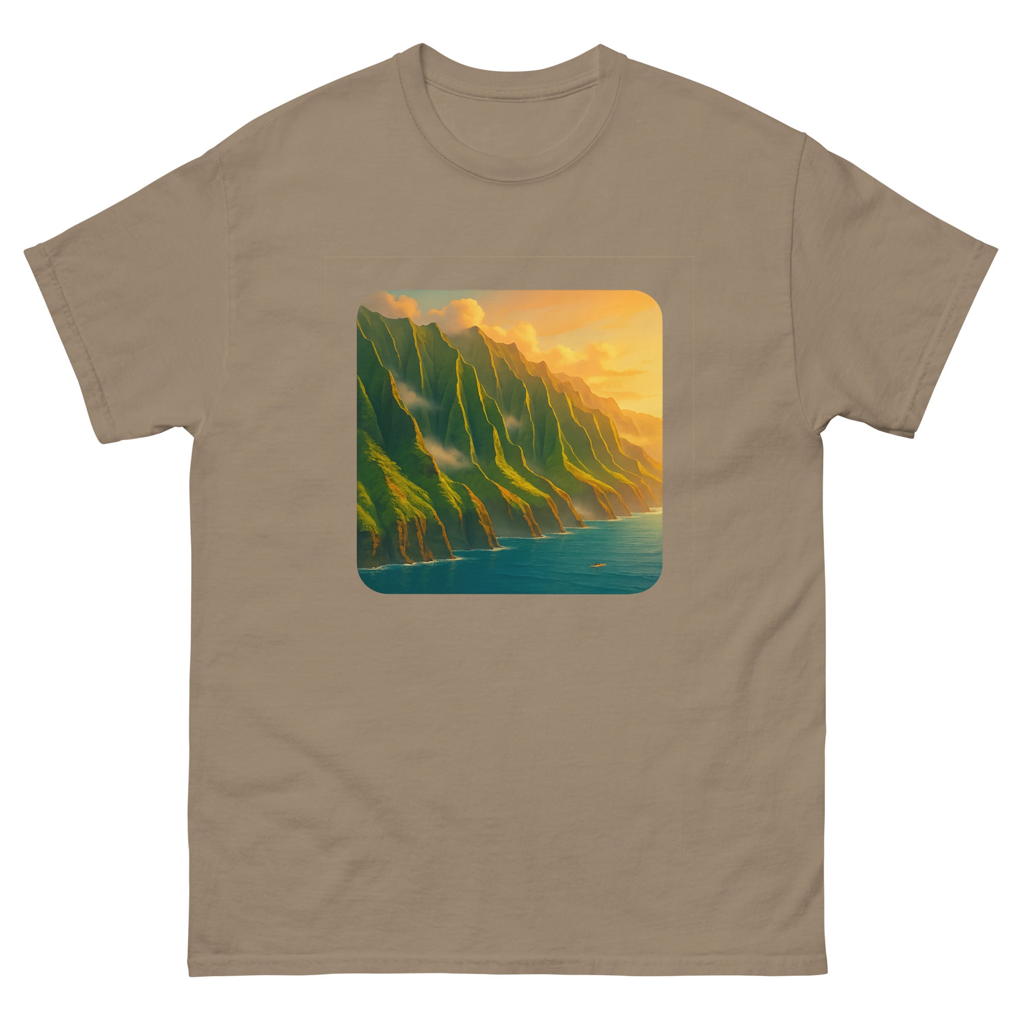 Na Pali Coast Hawaiian t-shirt design on a Brown Savana unisex tee