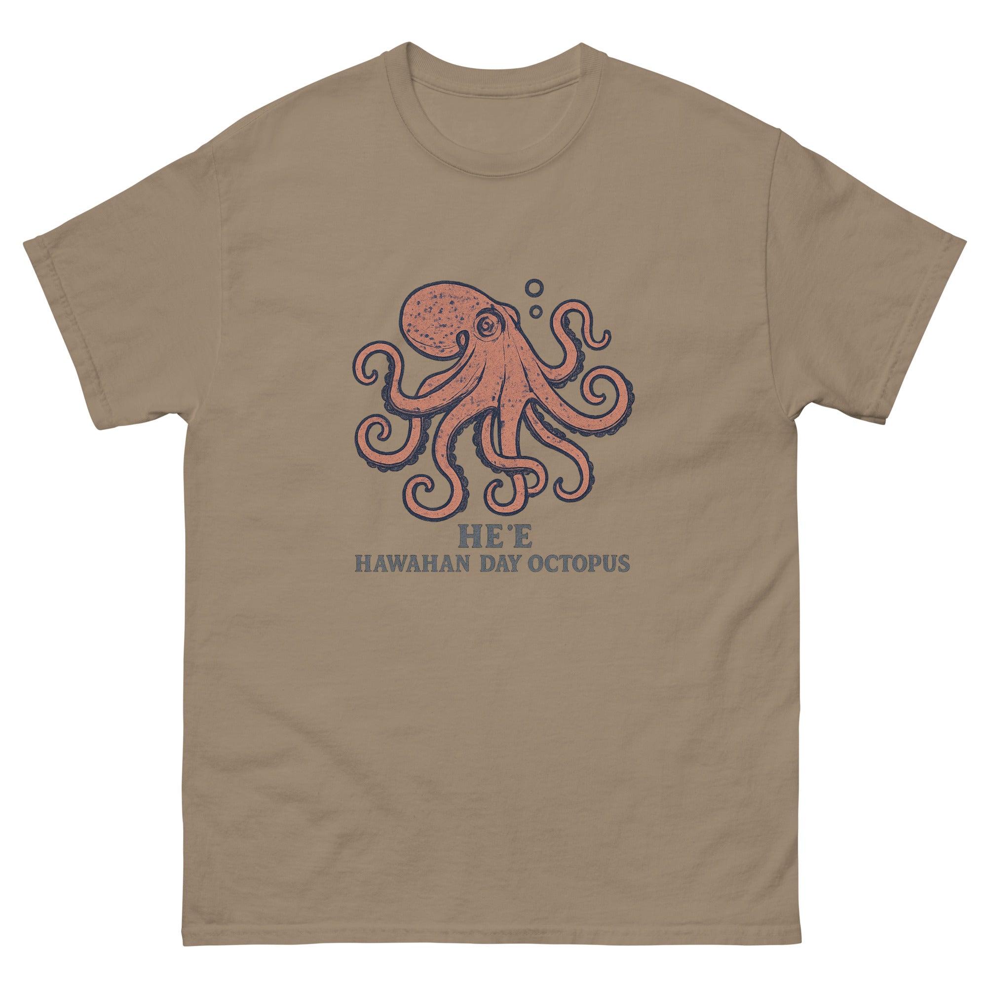 Hee Octopus Hawaiian t-shirt design on a Brown Savana unisex tee