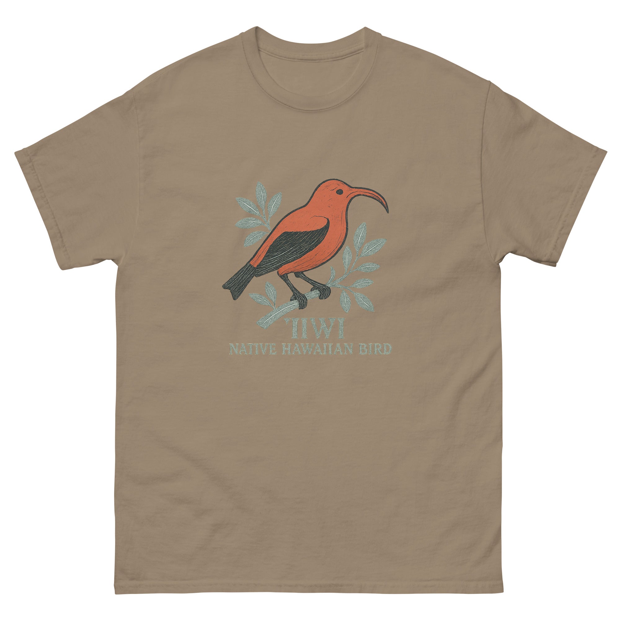 Iiwi Bird Hawaiian t-shirt design on a Brown Savana unisex tee