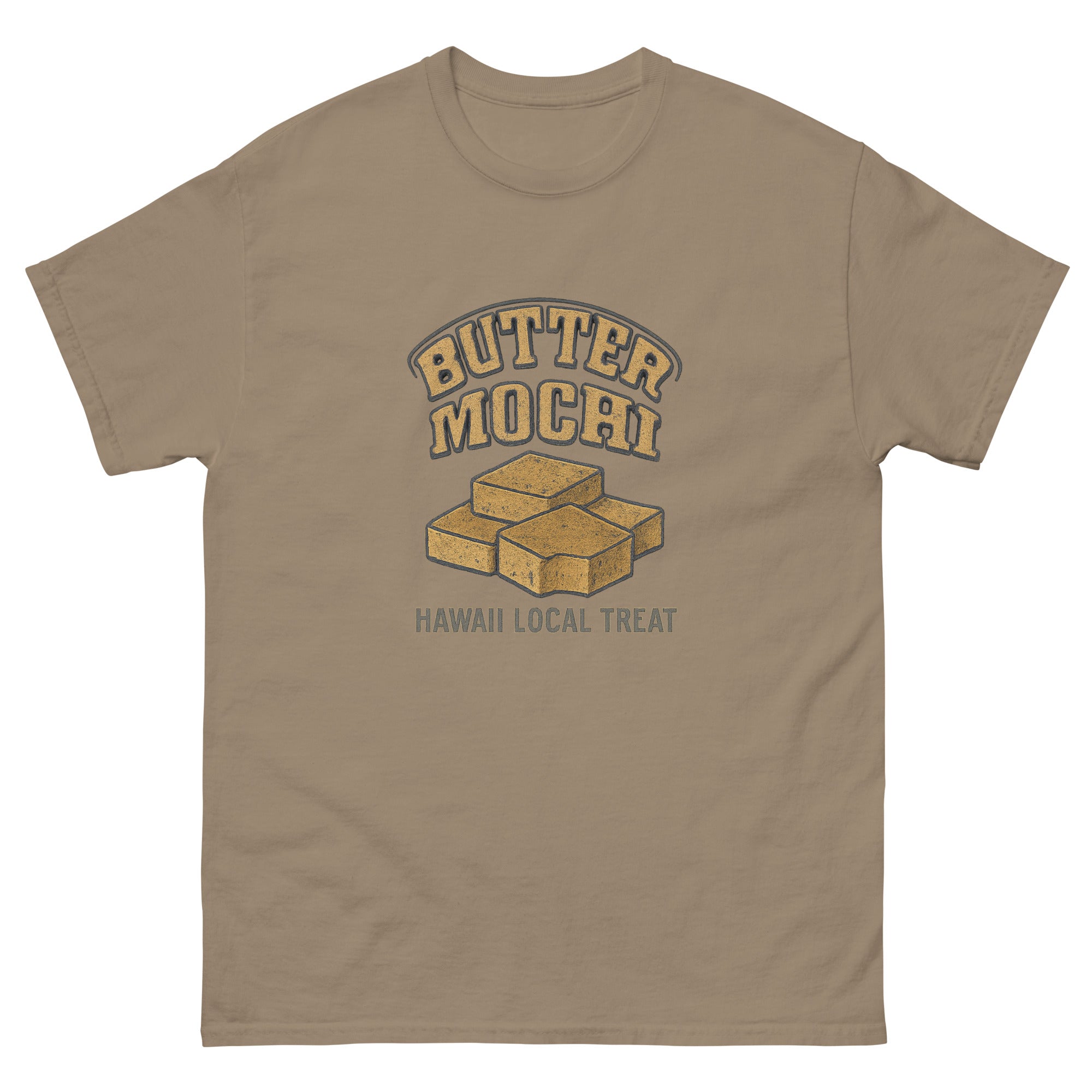 Butter Mochi Hawaiian t-shirt design on a Brown Savana unisex tee