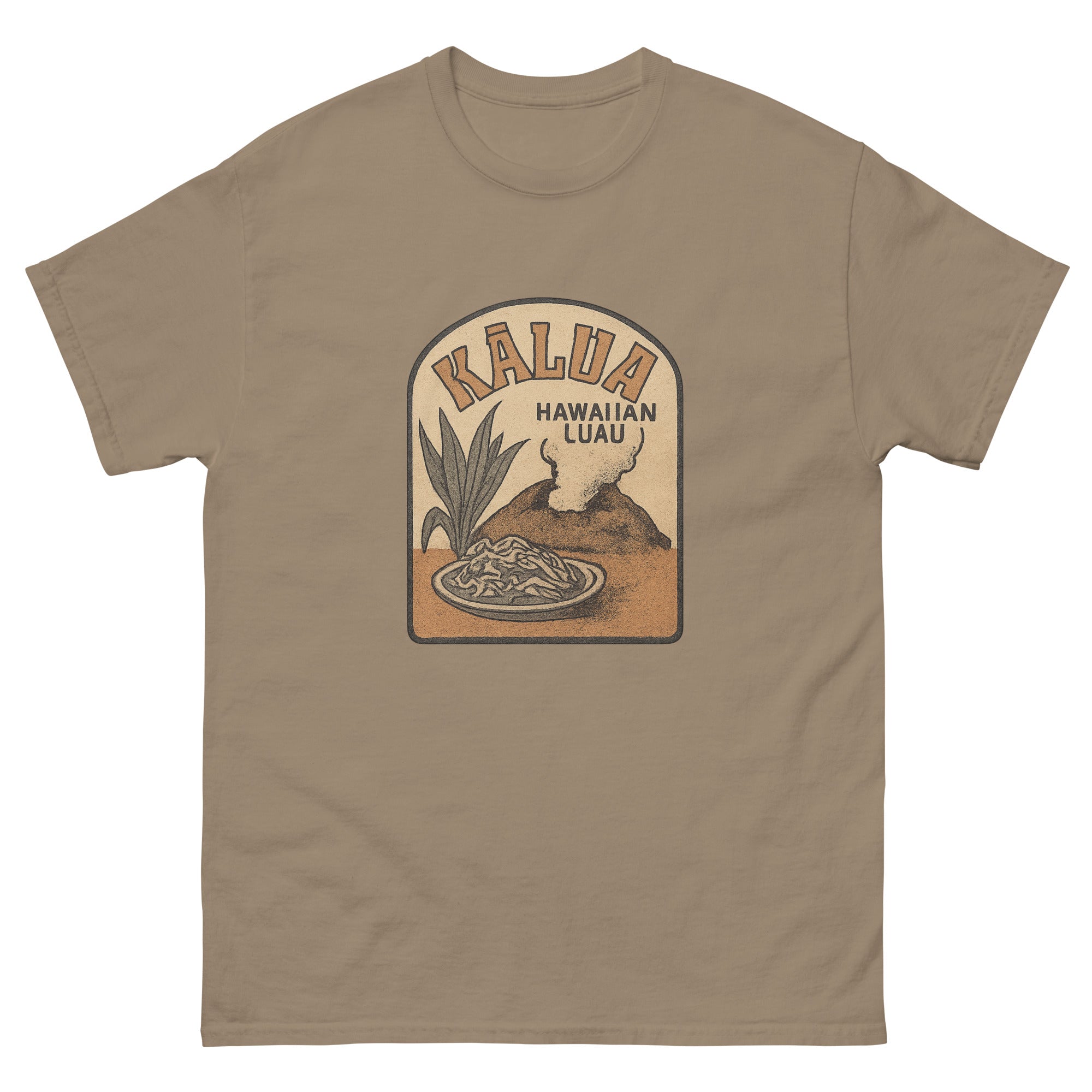 Kalua Pig Hawaiian t-shirt design on a Brown Savana unisex tee