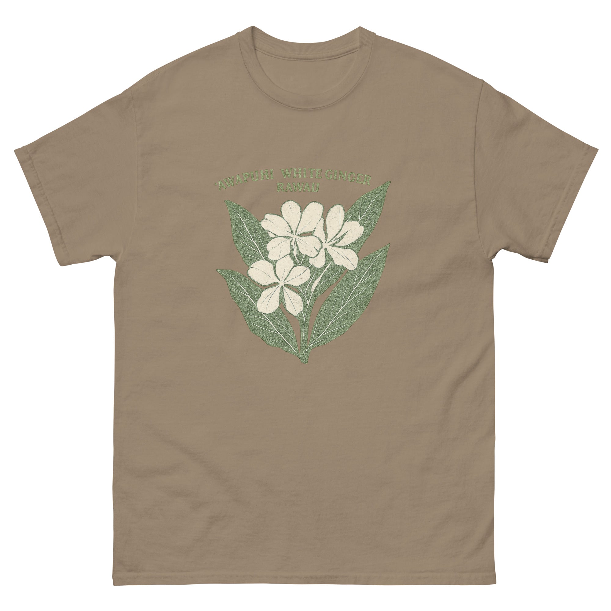White Ginger Hawaiian t-shirt design on a Brown Savana unisex tee