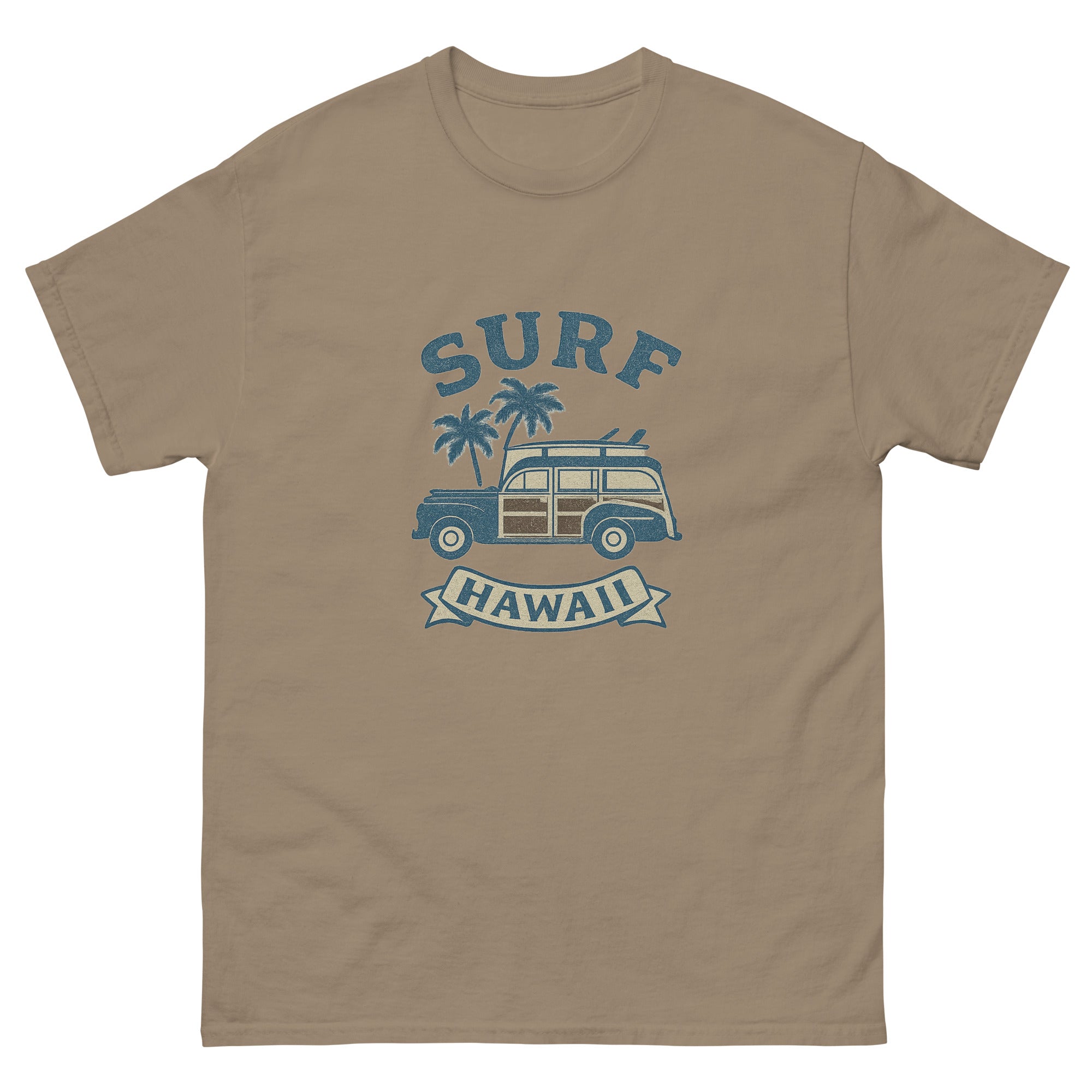 Woody Wagon Hawaiian t-shirt design on a Brown Savana unisex tee