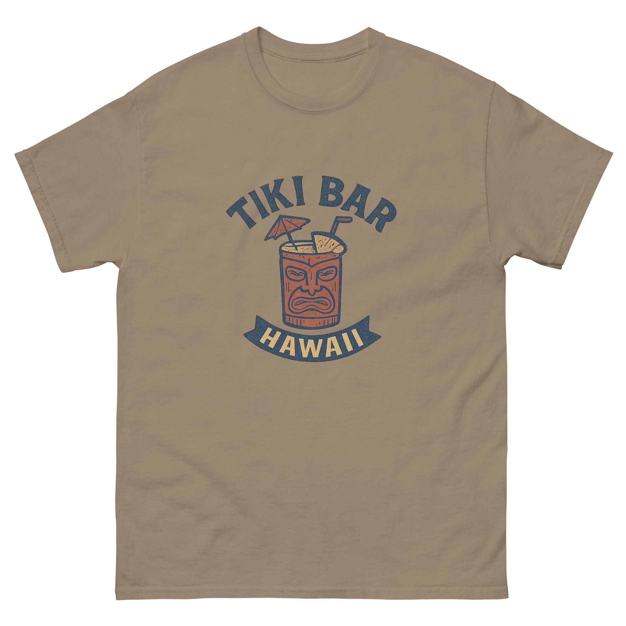Tiki Mug Hawaiian t-shirt design on a Brown Savana unisex tee