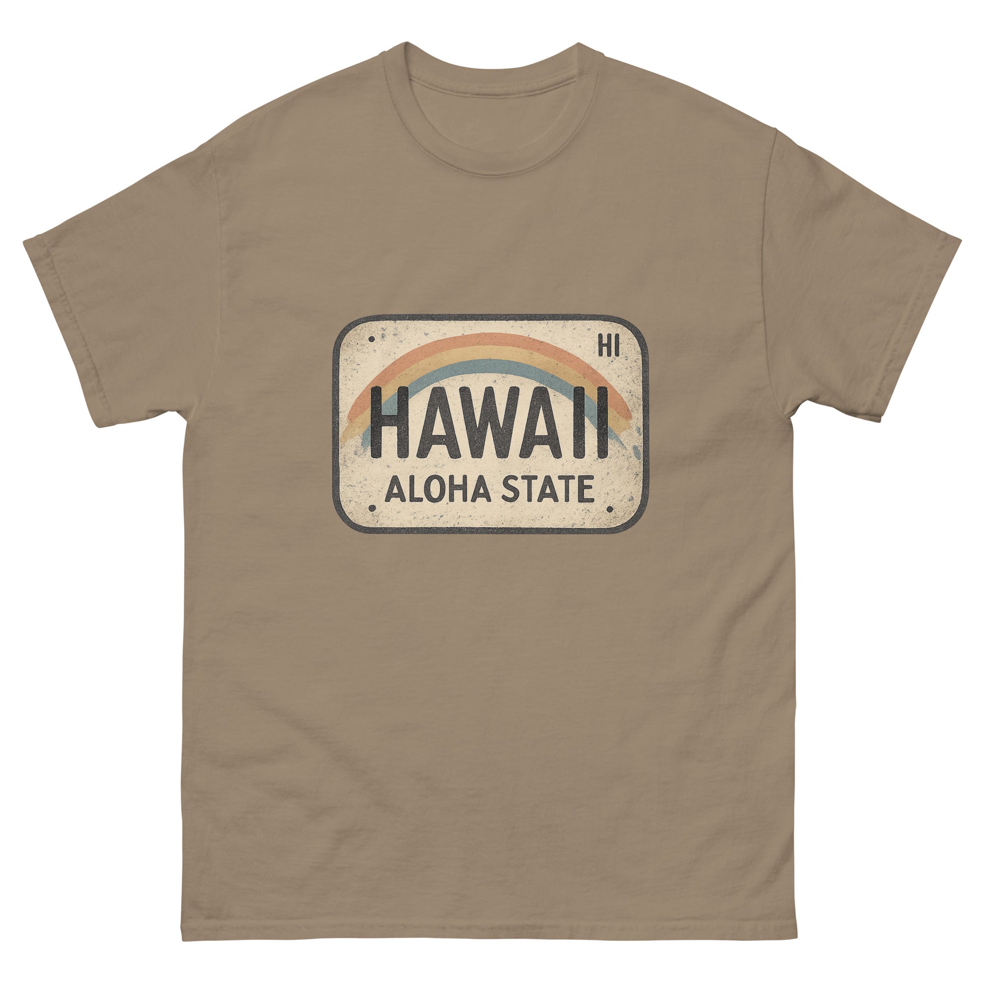 Hawaii License Plate Hawaiian t-shirt design on a Brown Savana unisex tee