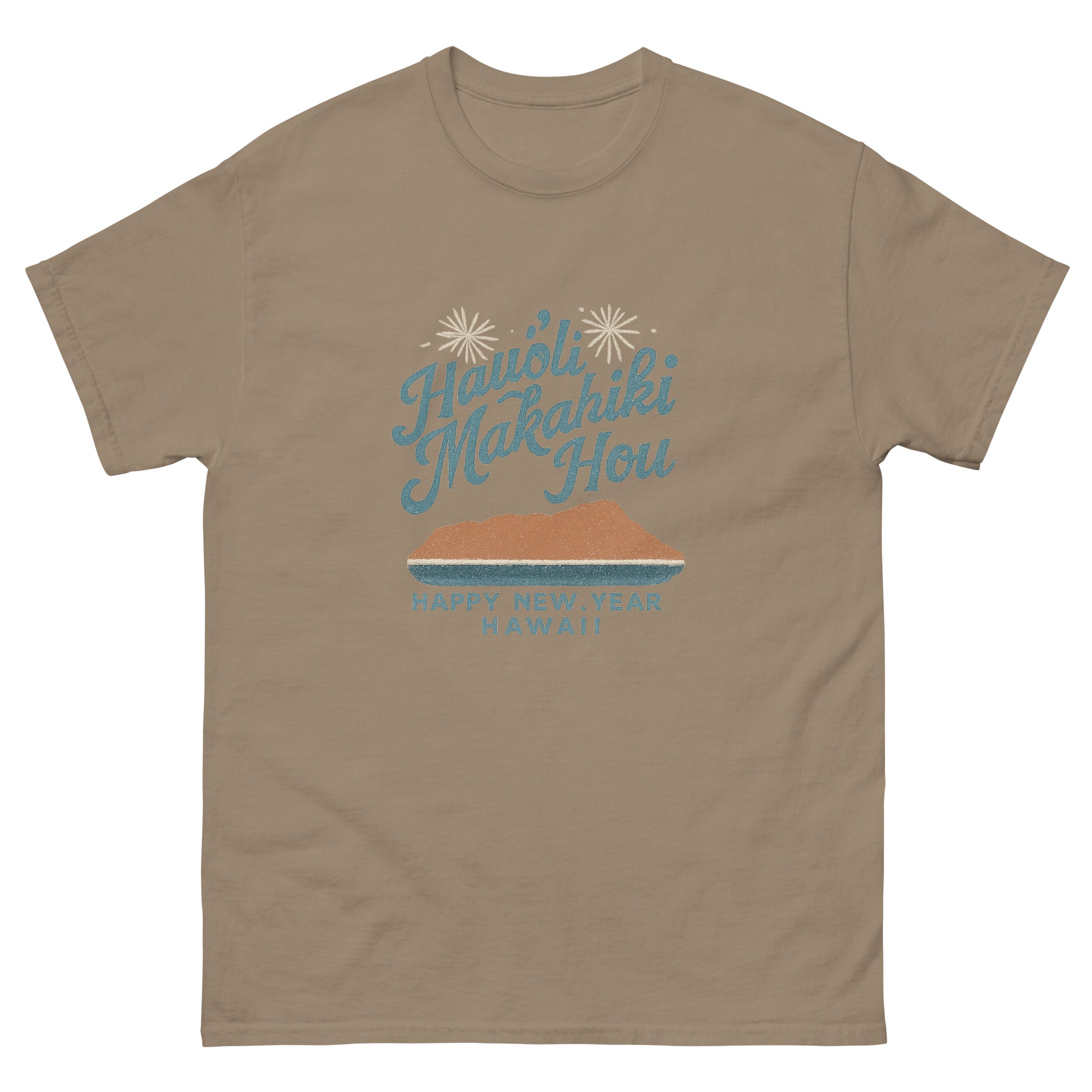 Hauoli Makahiki Hou Hawaiian t-shirt design on a Brown Savana unisex tee