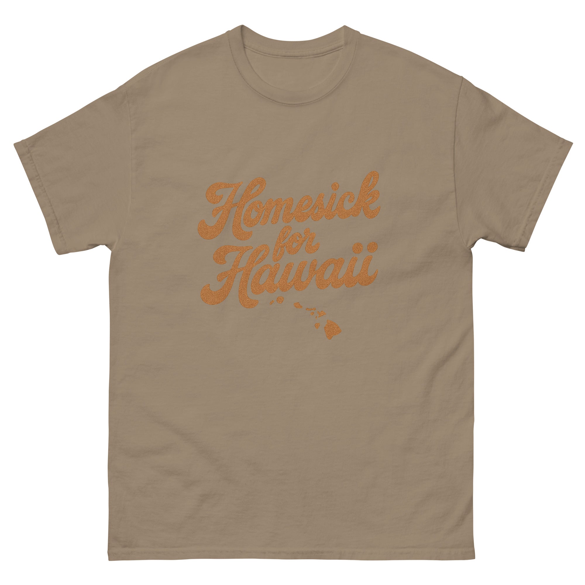 Homesick For Hawaii Hawaiian t-shirt design on a Brown Savana unisex tee