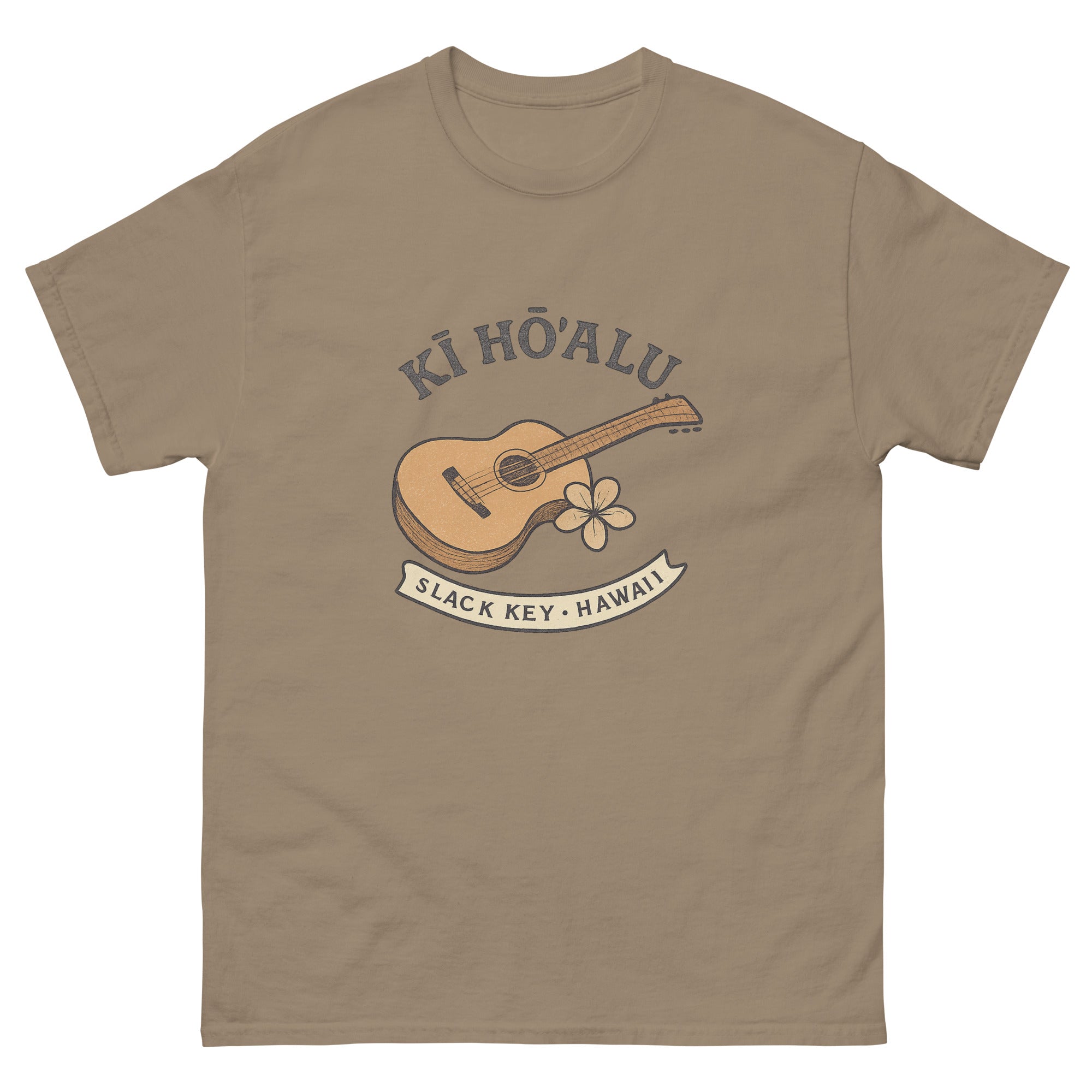 Slack Key Guitar Hawaiian t-shirt design on a Brown Savana unisex tee