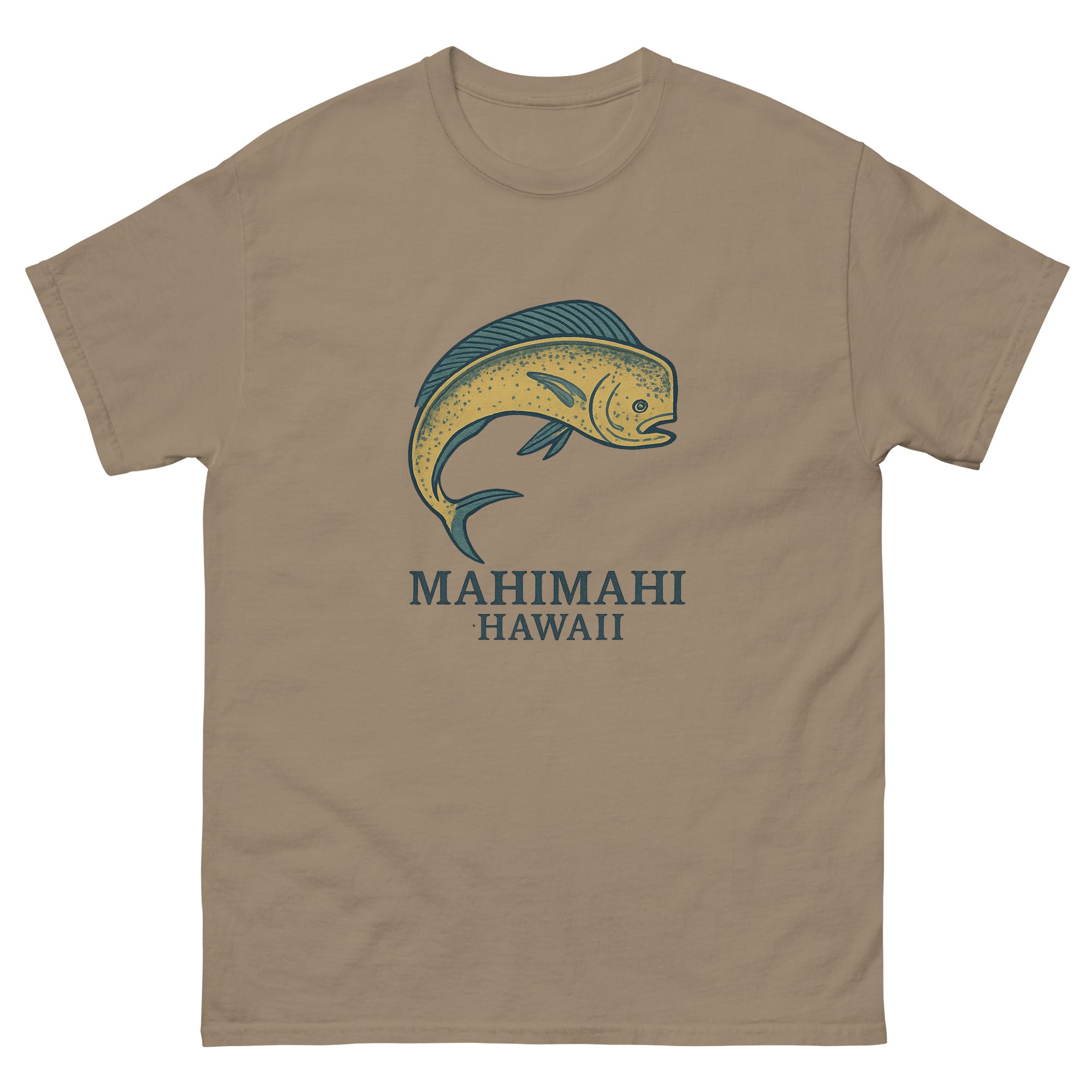 Mahimahi Hawaiian t-shirt design on a Brown Savana unisex tee
