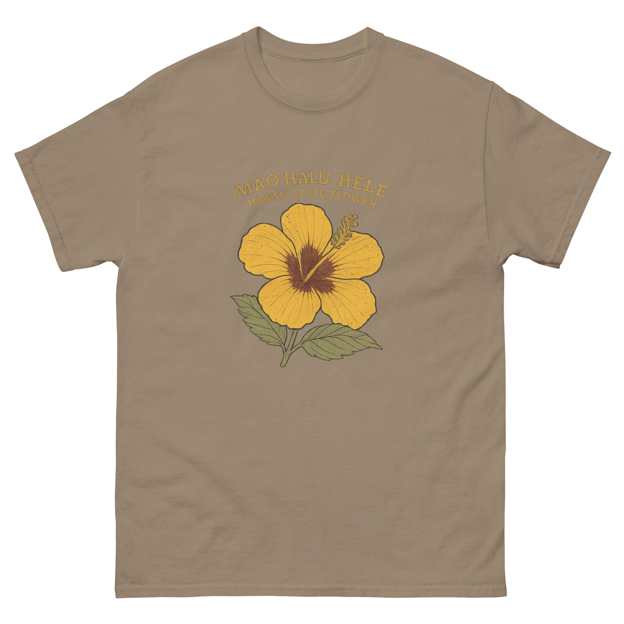 Yellow Hibiscus Hawaiian t-shirt design on a Brown Savana unisex tee