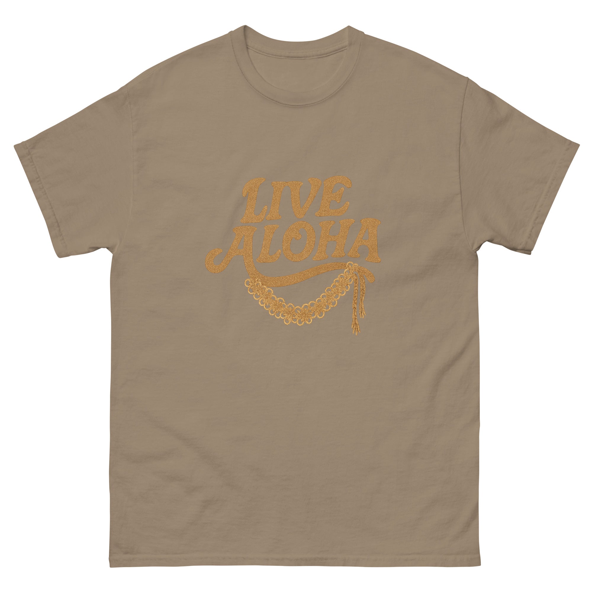 Live Aloha Hawaiian t-shirt design on a Brown Savana unisex tee