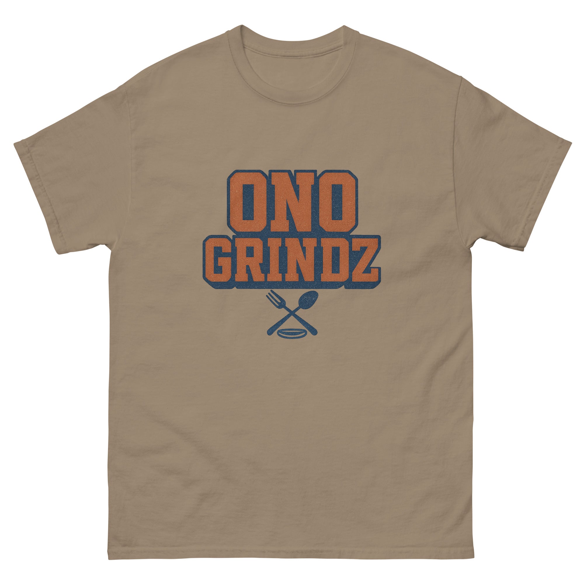 Ono Grindz Hawaiian t-shirt design on a Brown Savana unisex tee