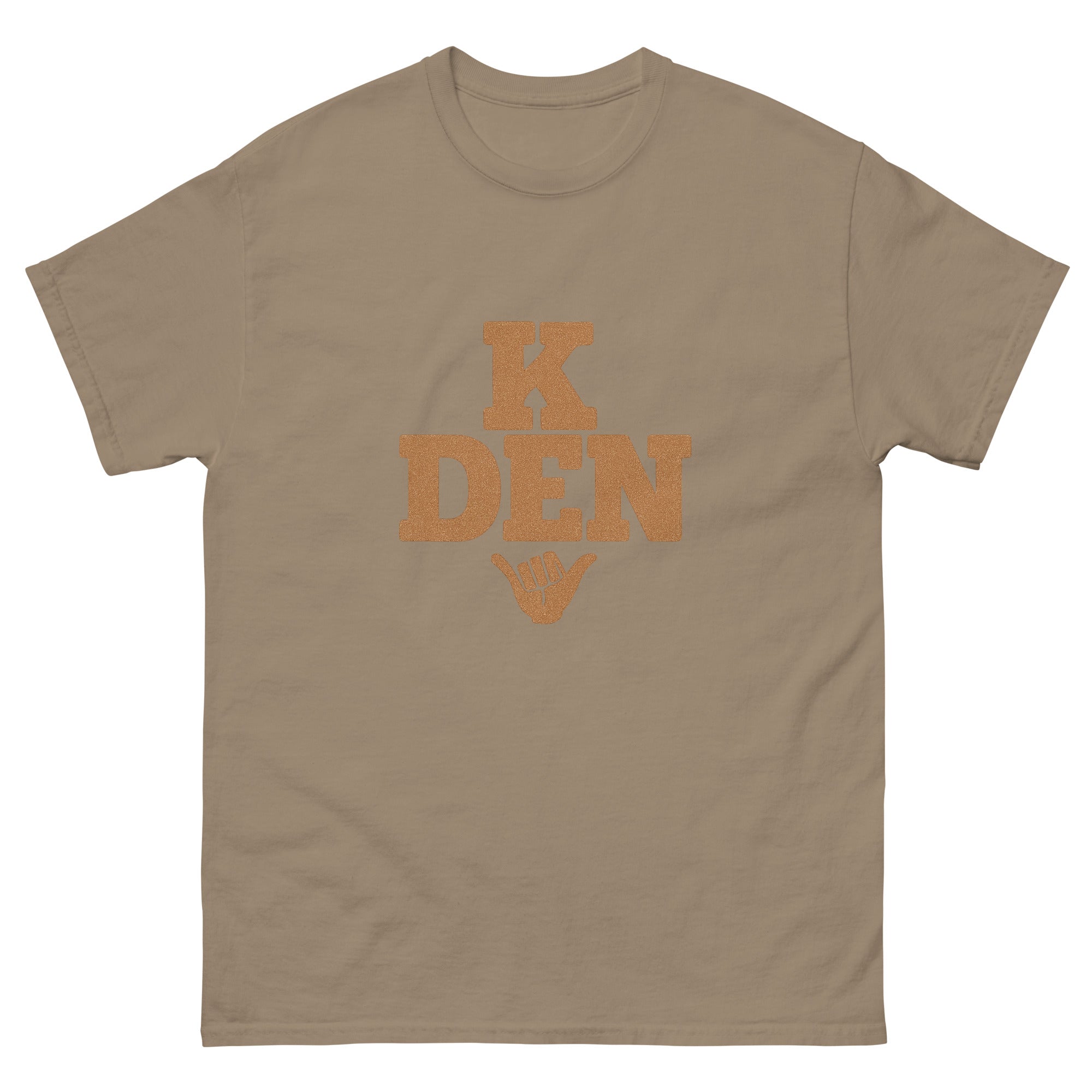 K Den Hawaiian t-shirt design on a Brown Savana unisex tee