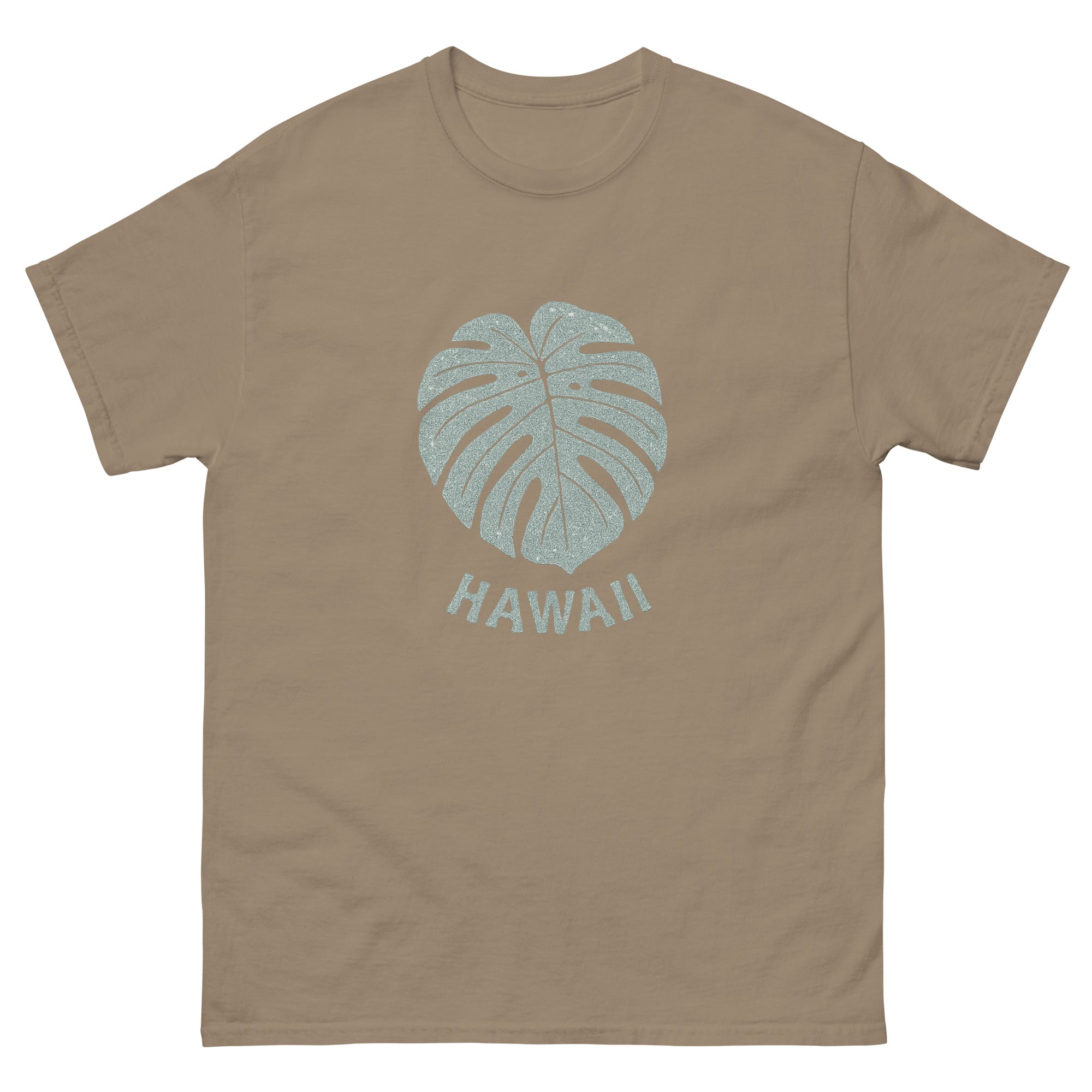 Monstera Leaf Hawaiian t-shirt design on a Brown Savana unisex tee