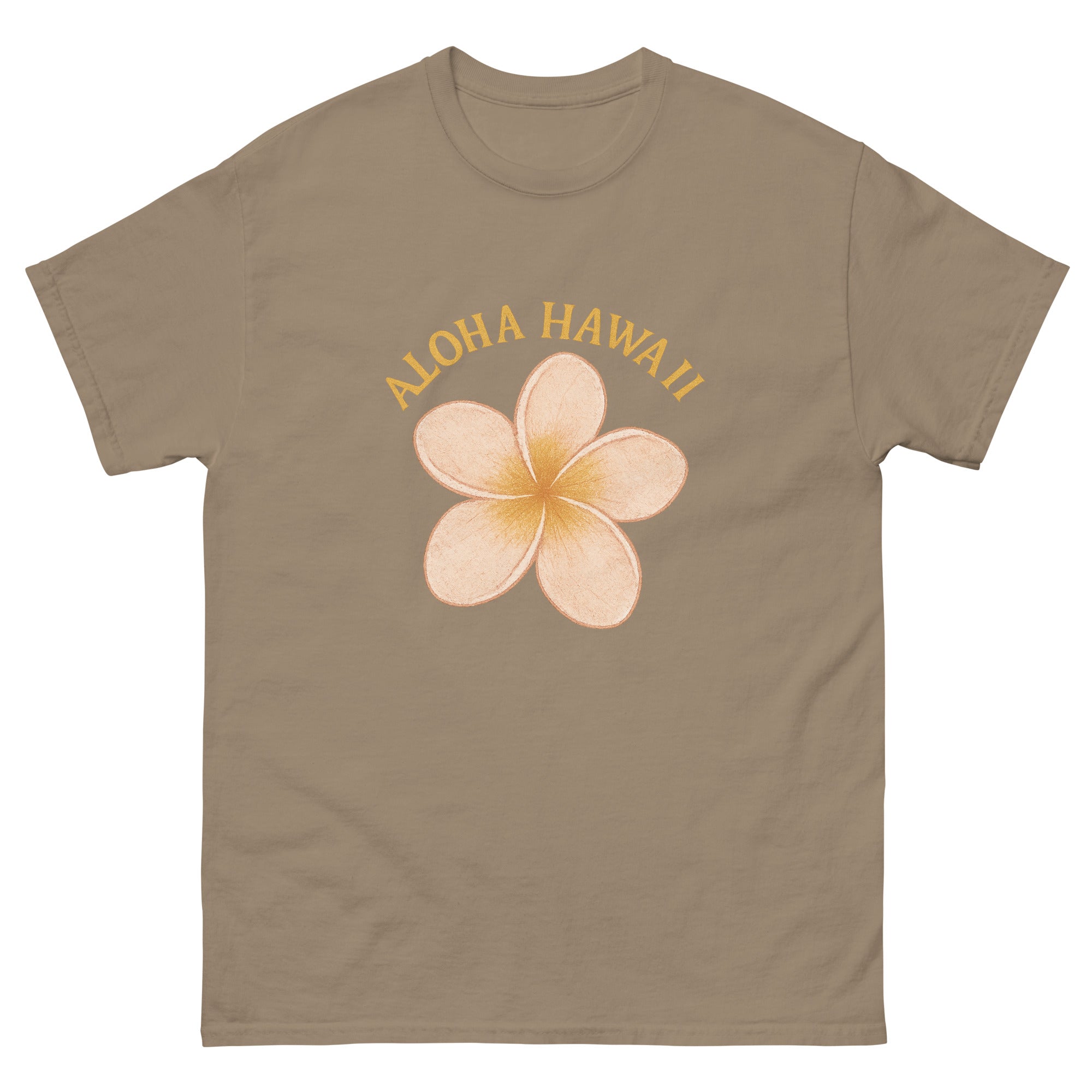 Plumeria Hawaiian t-shirt design on a Brown Savana unisex tee