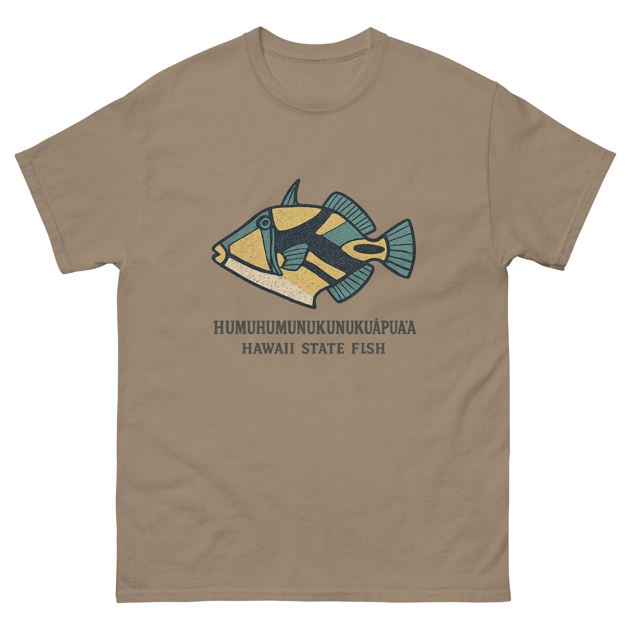 Humuhumu Fish Hawaiian t-shirt design on a Brown Savana unisex tee