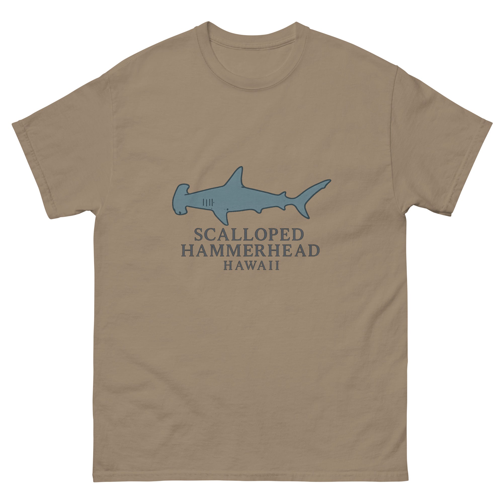 Hammerhead Shark Hawaiian t-shirt design on a Brown Savana unisex tee