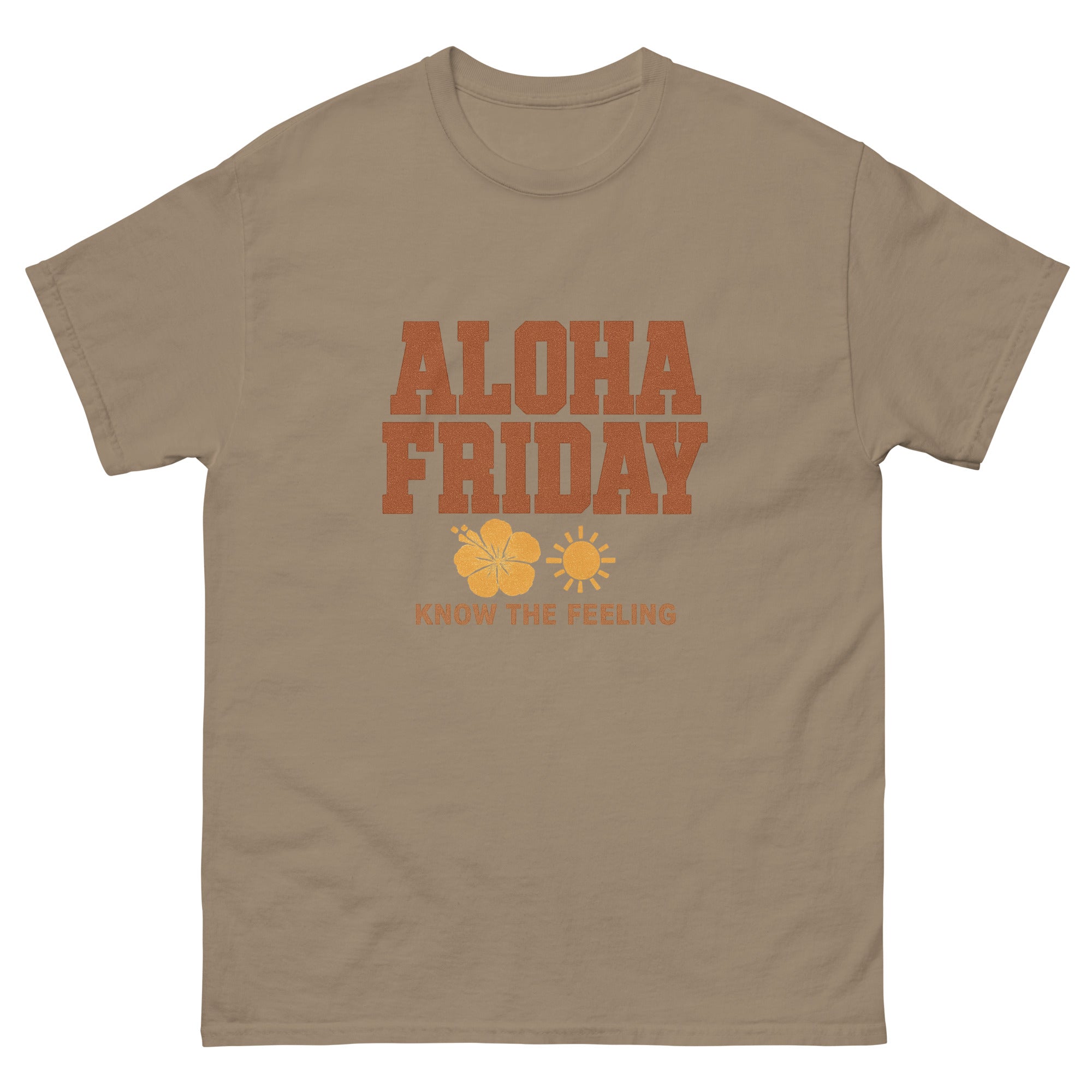Aloha Friday Hawaiian t-shirt design on a Brown Savana unisex tee