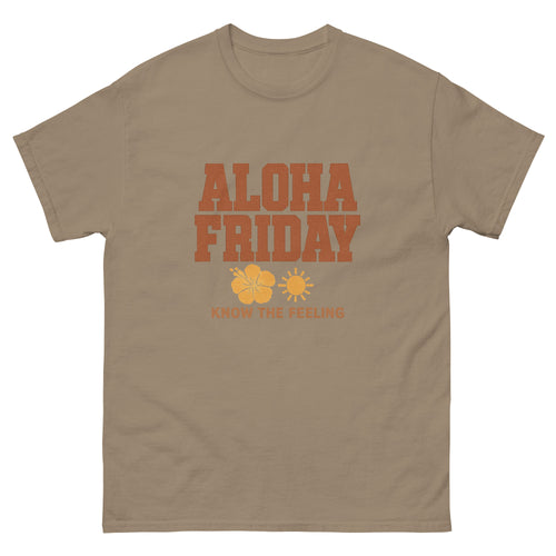Aloha Friday Hawaiian t-shirt design on a Brown Savana unisex tee