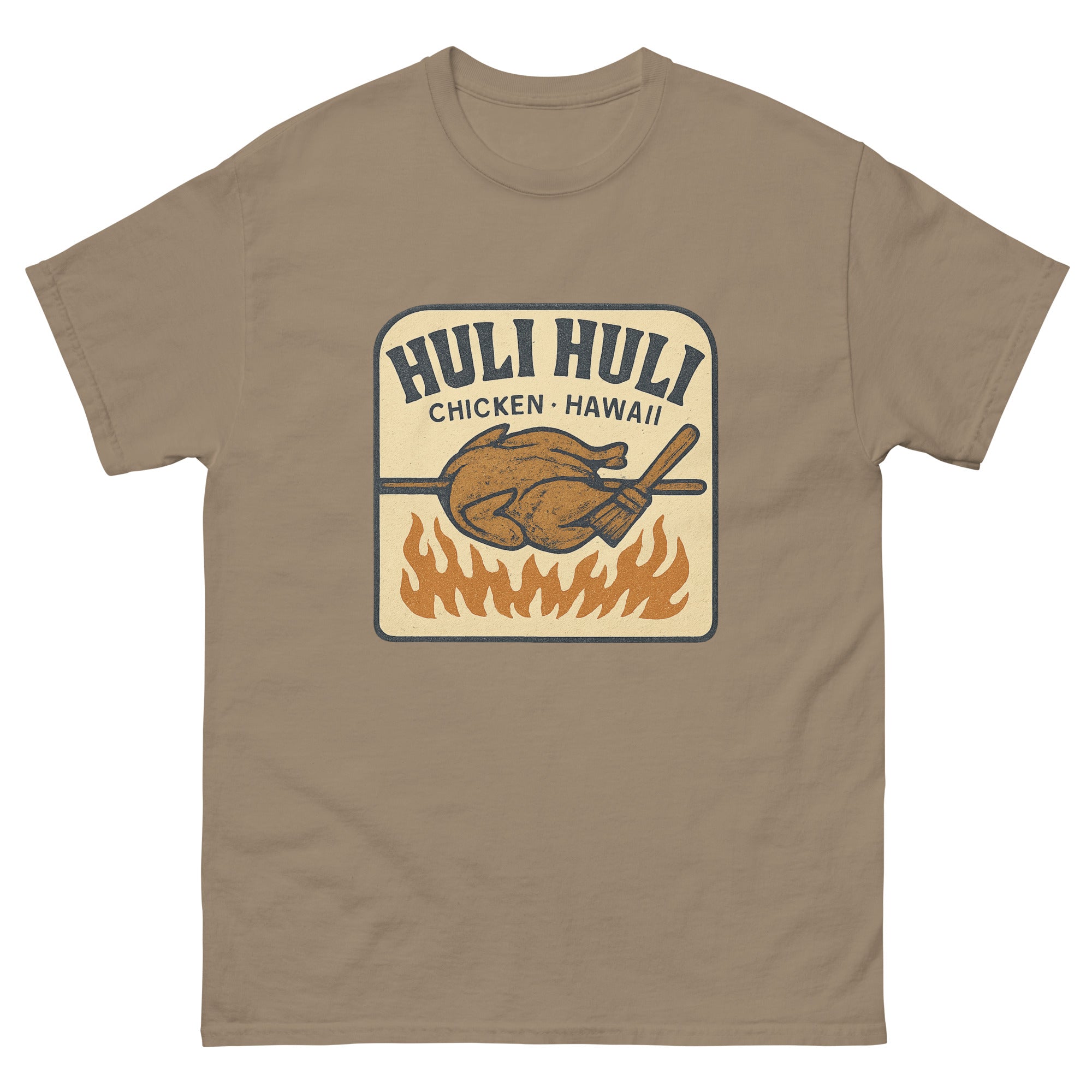 Huli Huli Chicken Hawaiian t-shirt design on a Brown Savana unisex tee