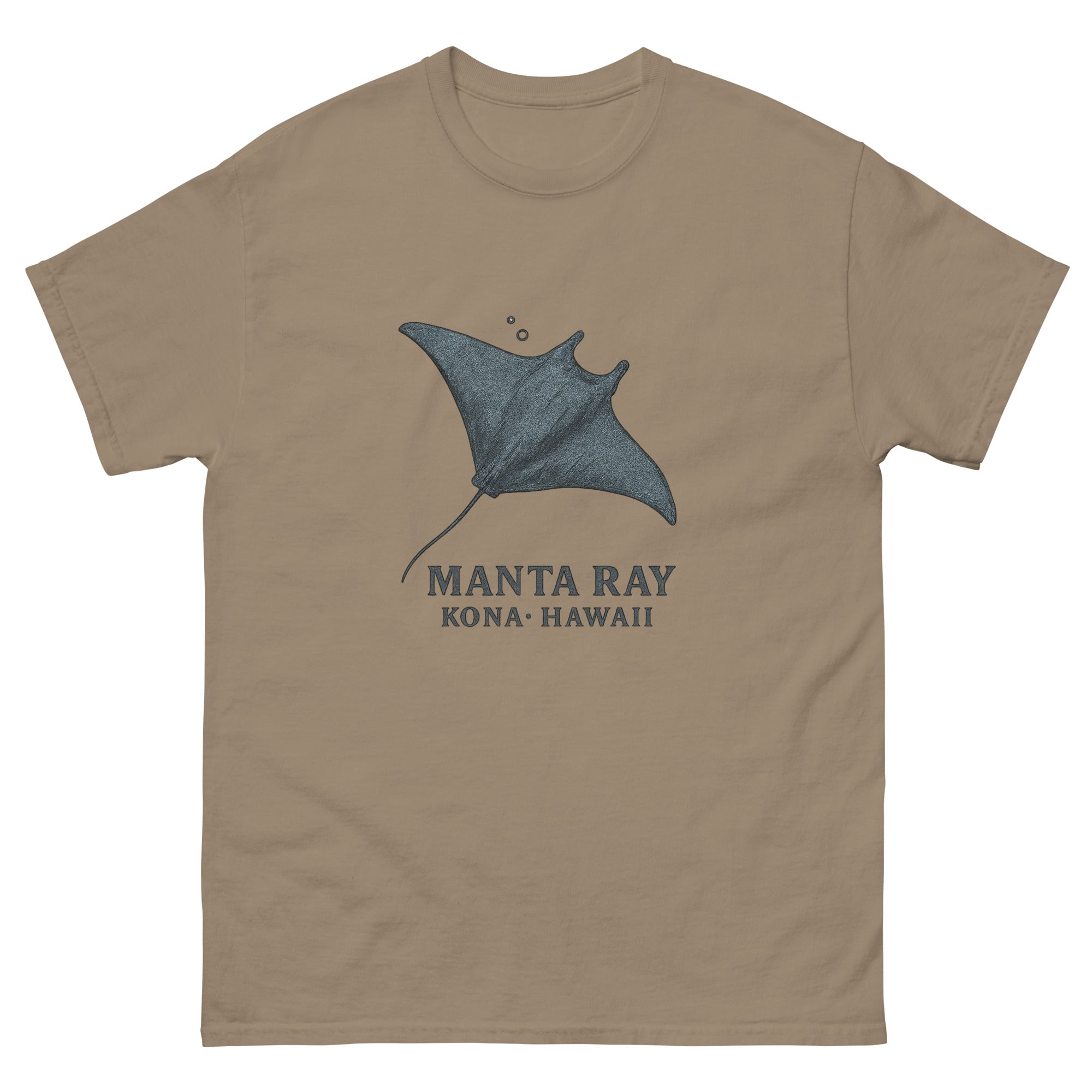 Manta Ray Hawaiian t-shirt design on a Brown Savana unisex tee