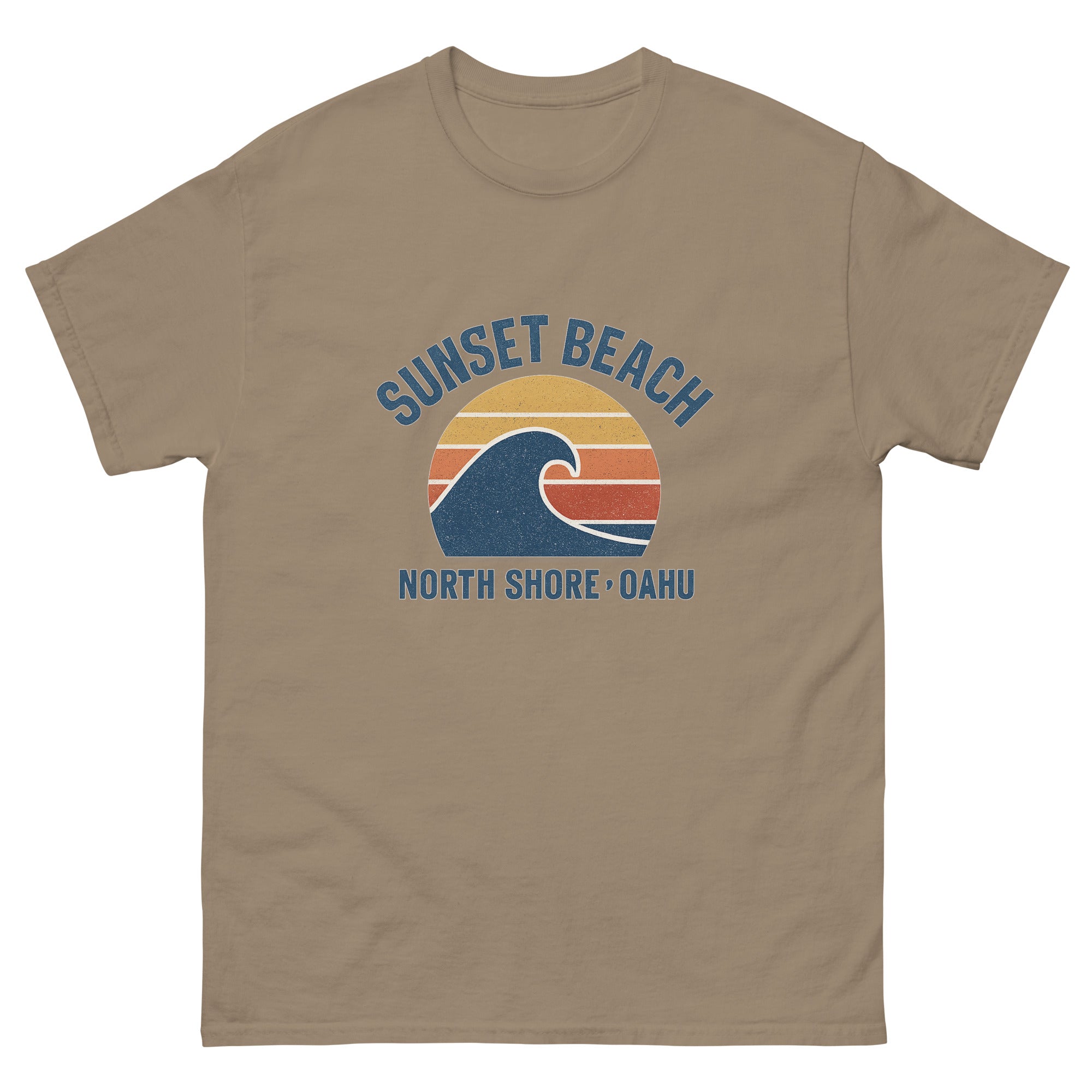 Sunset Beach Hawaiian t-shirt design on a Brown Savana unisex tee