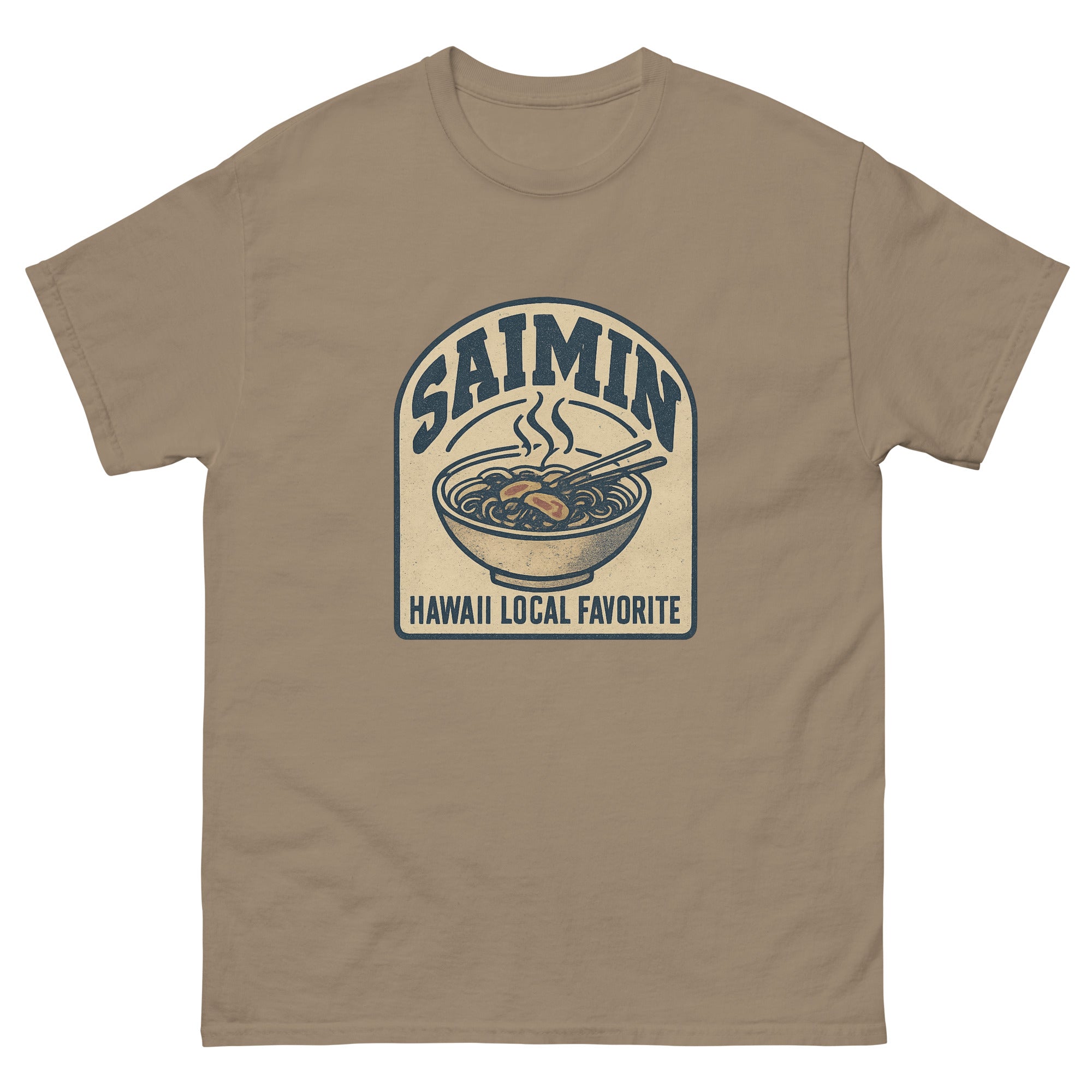 Saimin Hawaiian t-shirt design on a Brown Savana unisex tee